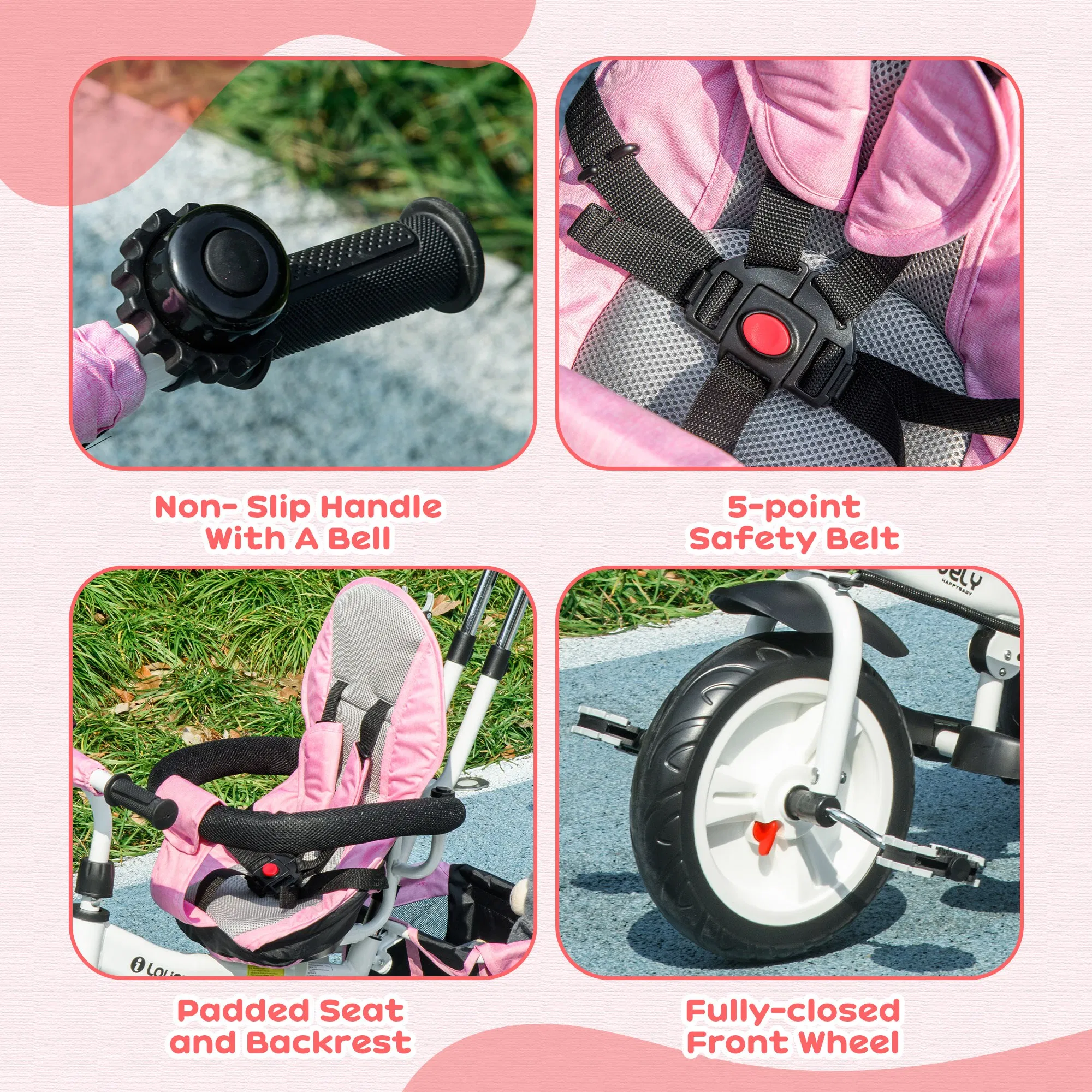 6 in 1 Toddler Tricycle Stroller with Basket, Canopy, 5-point Safety Harness, for 12-60 Months, Pink photo 2