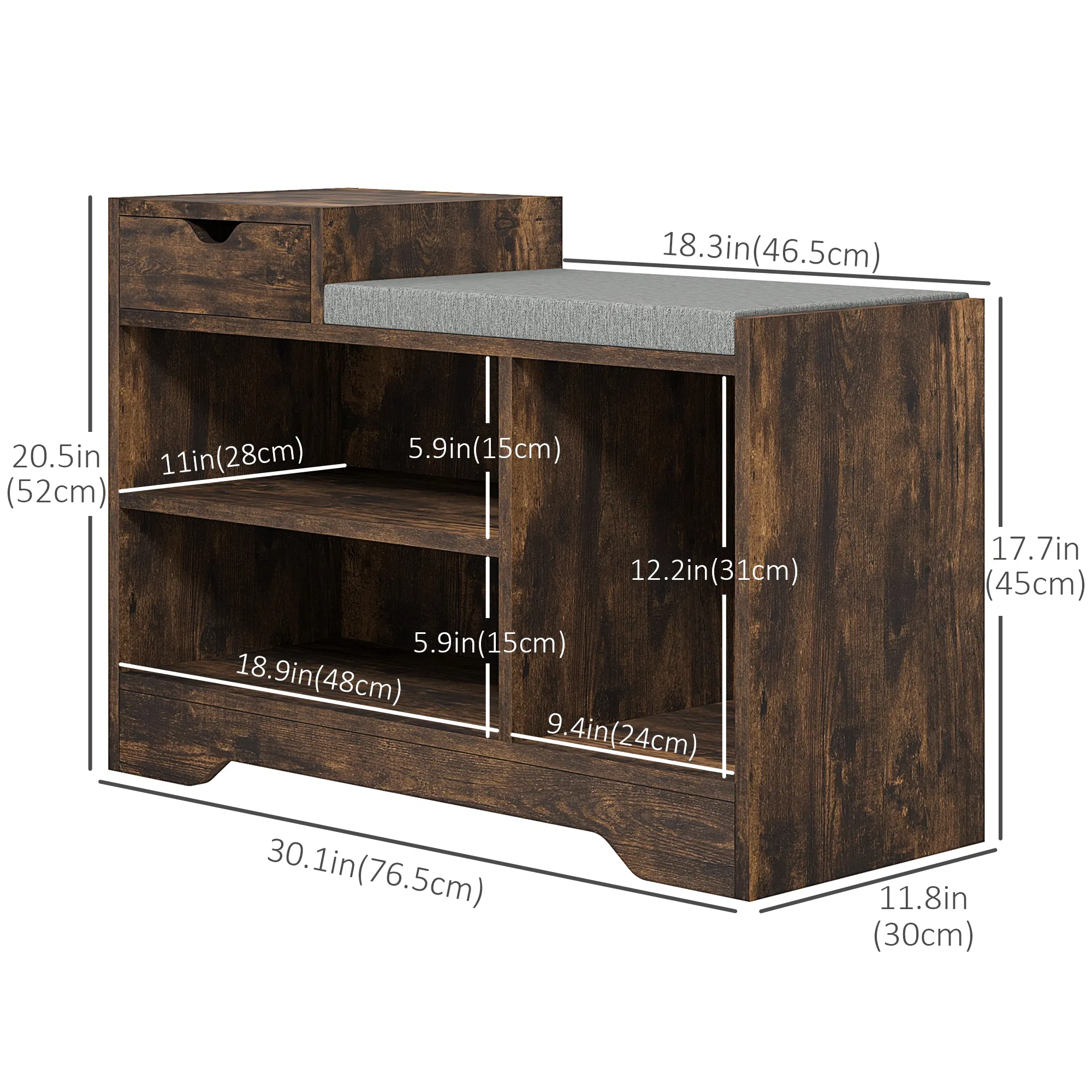 Upholstered Shoe Storage Bench, Hallway Shoe Storage with Seat, Drawer, 3 Open Shelves for Entryway, Rustic Brown photo 5