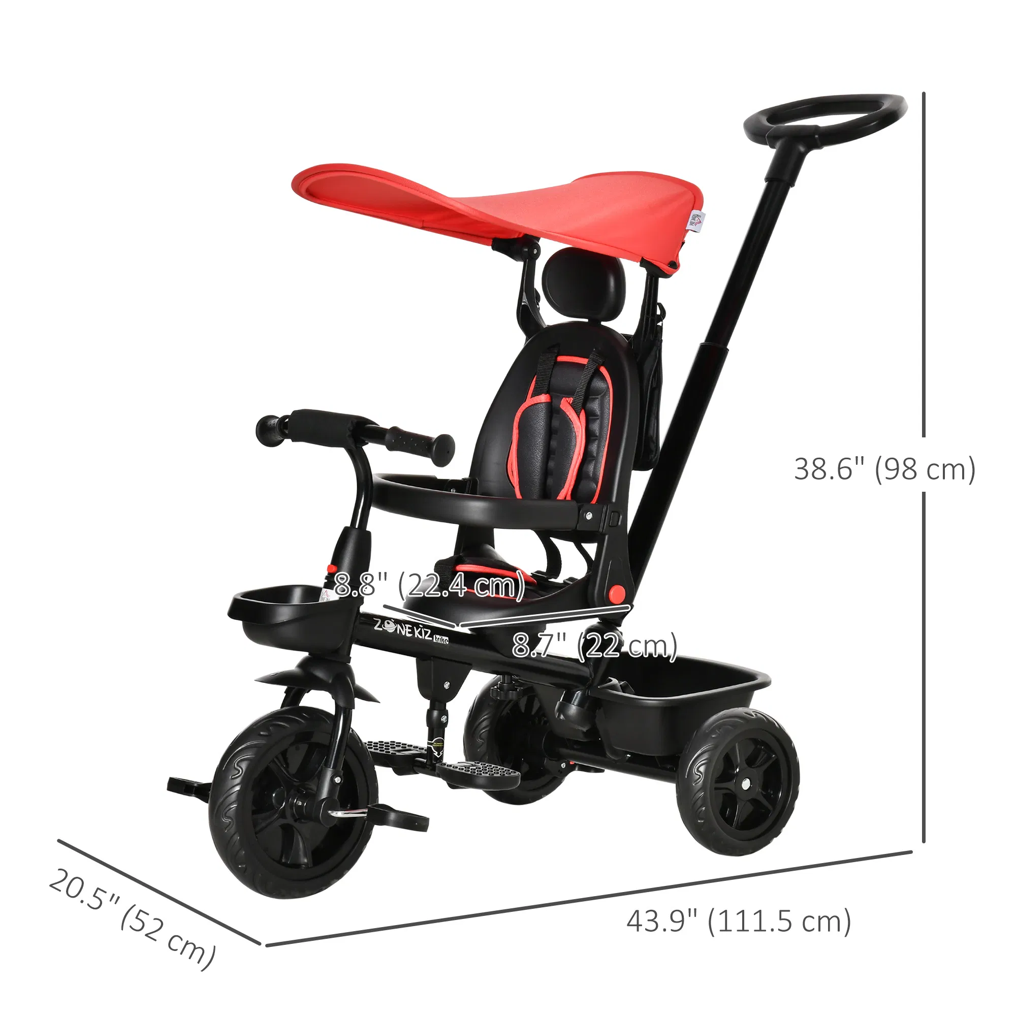 Kids Tricycle 4 In 1 Trike with Reversible Angle Adjustable Seat Removable Handle Canopy Handrail Belt Storage Footrest Brake Clutch for 1-5 Years Old Red photo 3