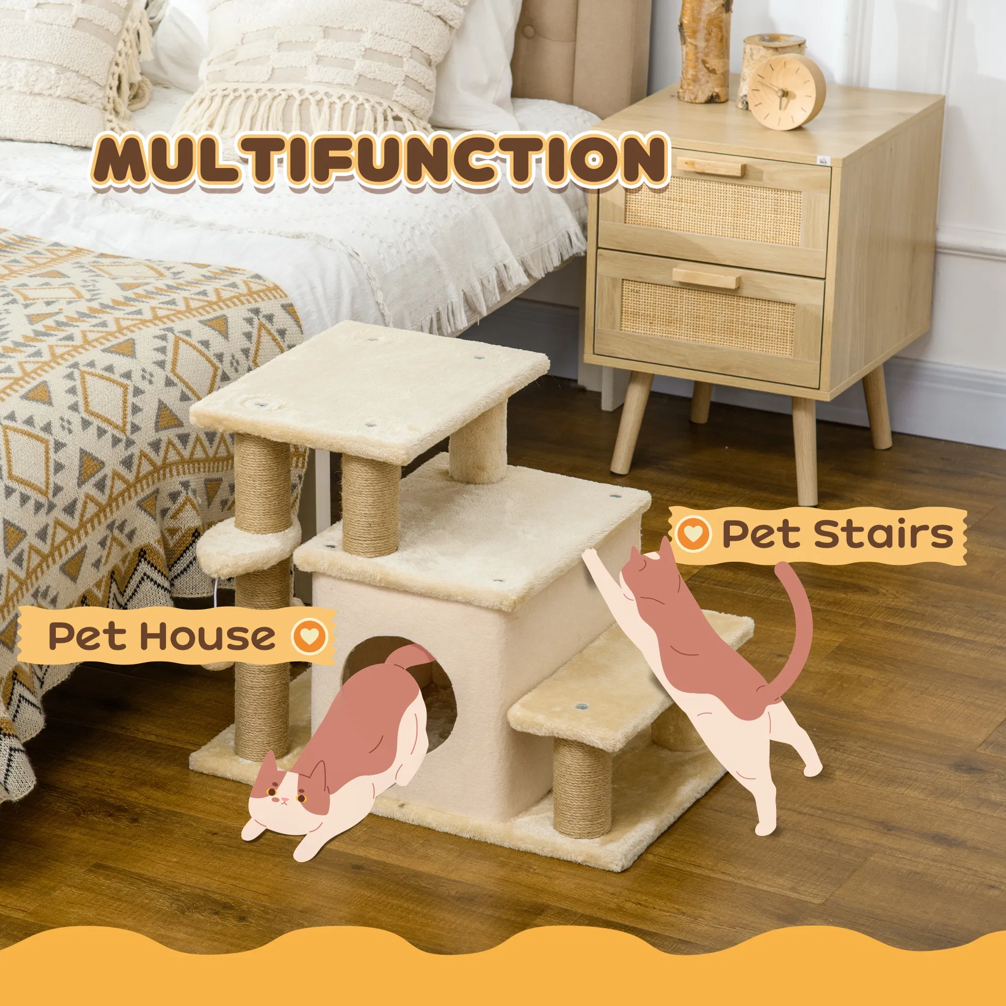 Cat Stairs Pet Steps for Couch Bed with Scratching Posts Condo Ball Toy, 23.6" x 15.7" x 26", Beige photo 5