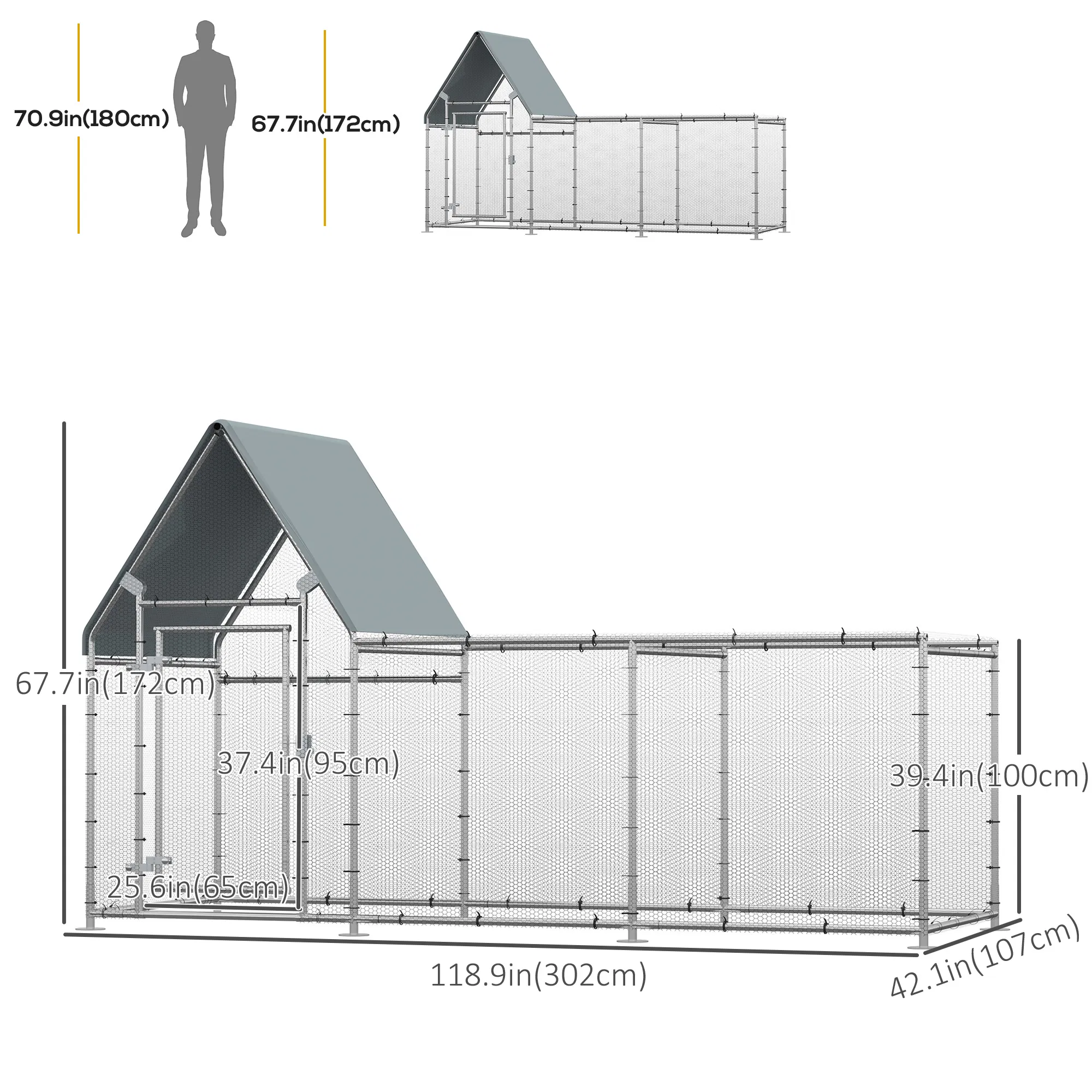 Walk In Chicken Run, Large Galvanized Chicken Coop, Hen Poultry House Cage, Rabbit Hutch Metal Enclosure with Water-Resist Cover for Outdoor Backyard Farm, 119" x 42" x 68" photo 3