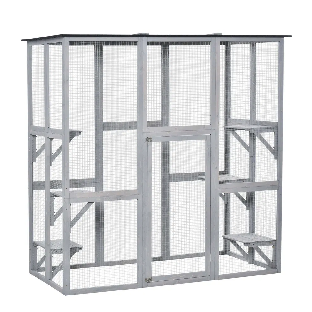 Large Outdoor Catio Enclosure, Weatherproof Cat House with Asphalt Roof, Wooden Cat Patio Cage with 6 Balanced Platforms, 71" x 39" x 71", Grey photo 7