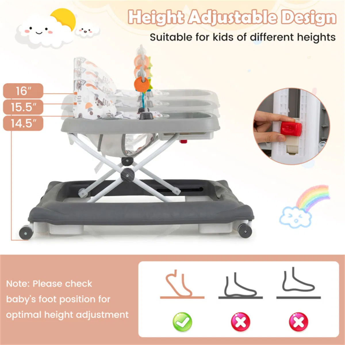 Grey Foldable Baby Walker with Detachable Tray & Shape Sorter Toys, 3-Level Height Adjustable for 6-12 Months photo 2