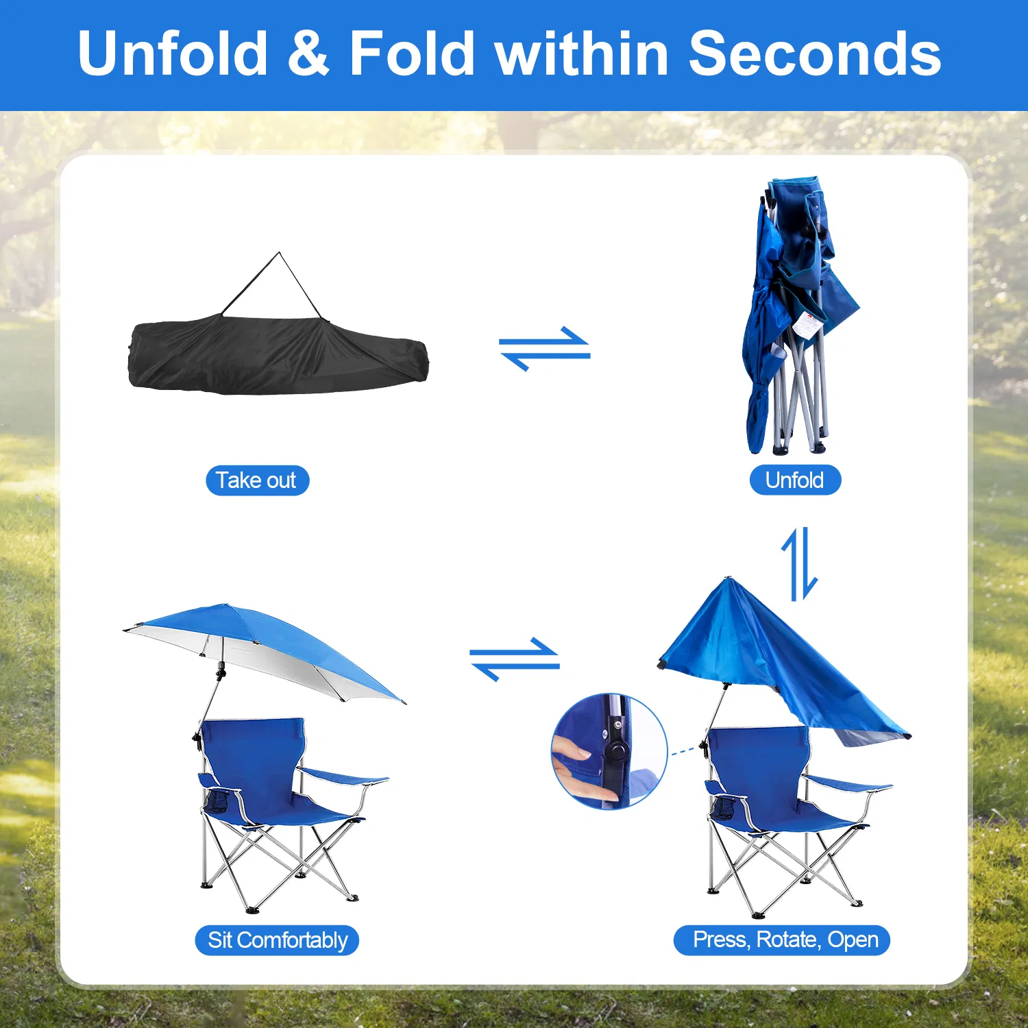 Foldable Beach Chair with Detachable Umbrella Armrest Adjustable Canopy Stool with Cup Holder Carry Bag for Camping Poolside Travel Picnic Lawn Chair photo 4