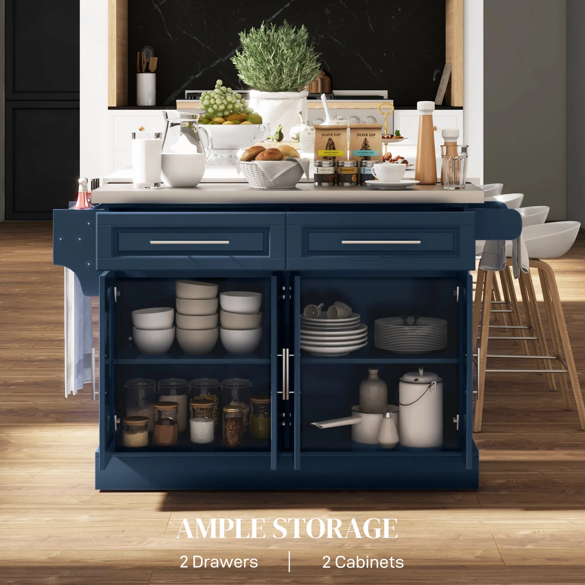 Rolling Kitchen Island with Storage and Stainless Steel Top, Kitchen Trolley with Drawers, Cabinets, Towel Rack, Blue photo 4