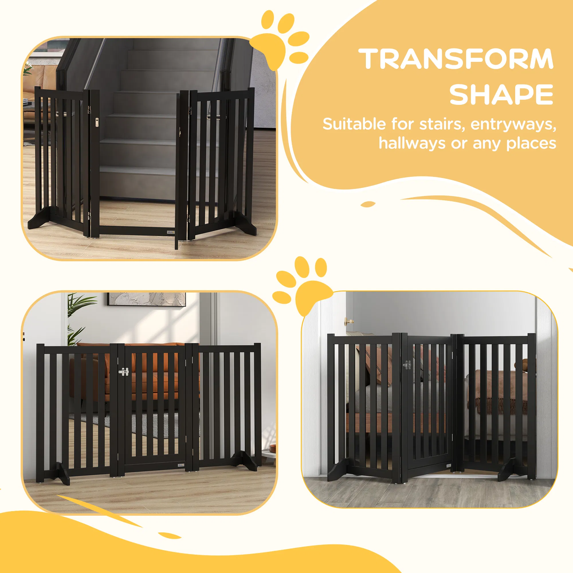 3-Panel Foldable Dog Gate with Feet for Medium Dogs and Below, Black photo 2