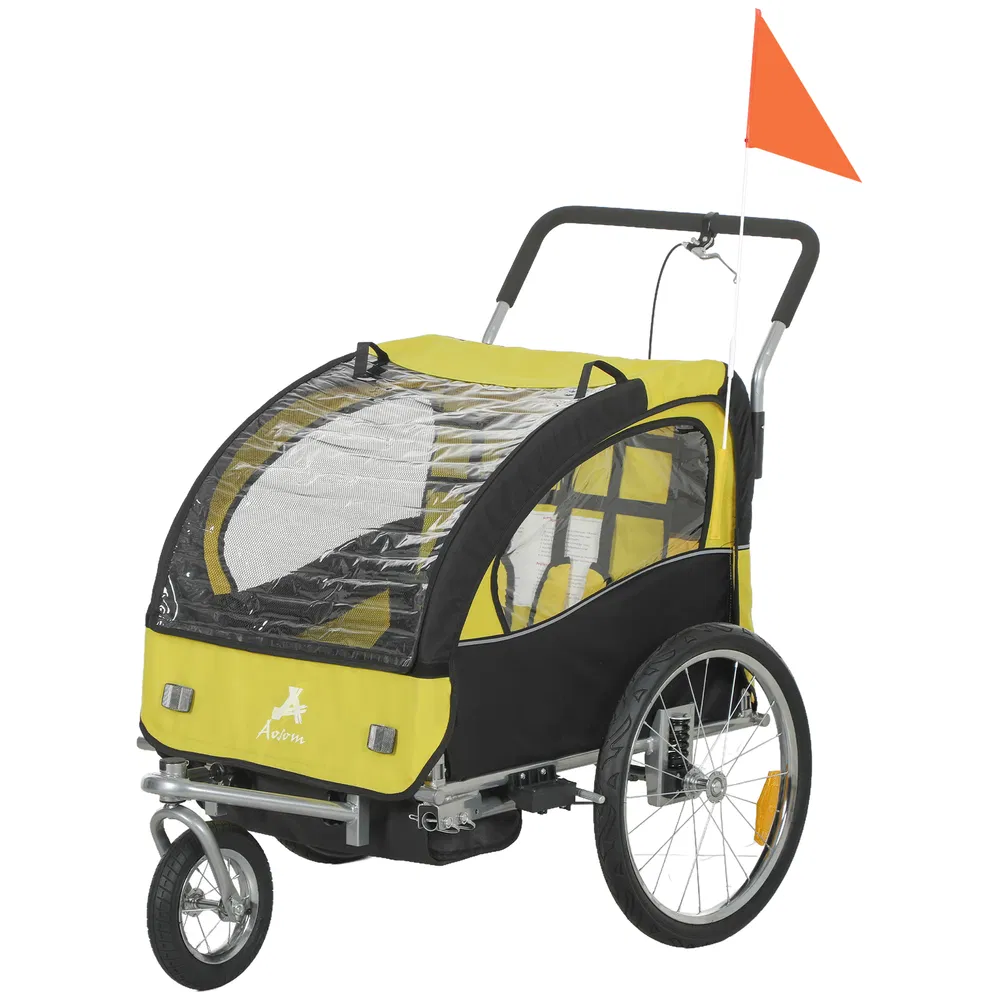 2-in-1 Bike Trailer for Kids, Foldable 2-Seat Baby Stroller with 5-Point Harness, Rubber Wheels, Storage Bag, Yellow photo 7