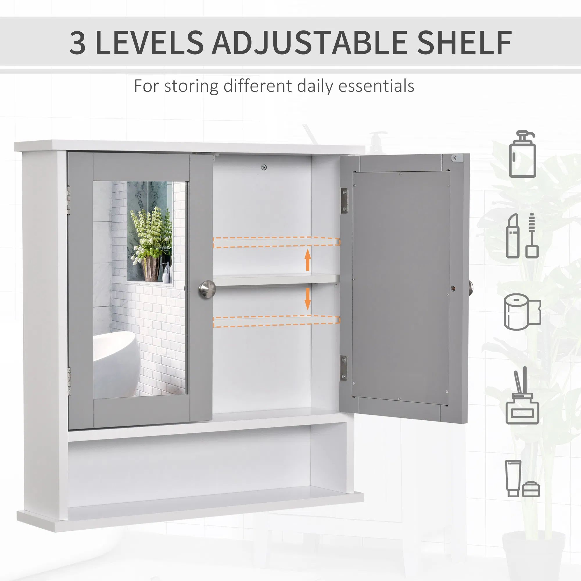 Medicine Cabinet, Wall-Mounted Bathroom Mirror Cabinet with Double Doors, Open Shelf, and Adjustable Shelf, Modern Bathroom Wall Cabinet, White and Grey photo 2