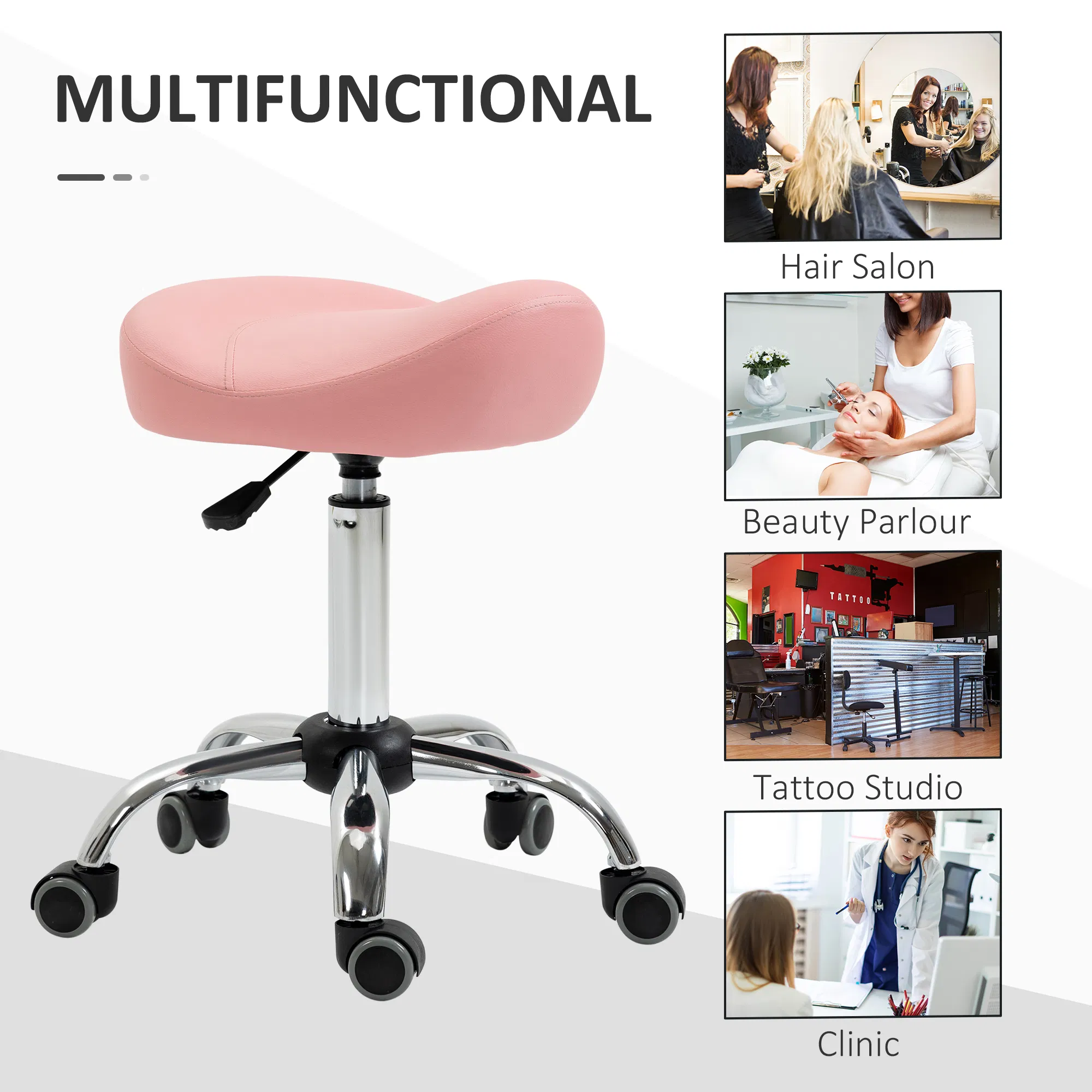 Saddle Stool Chic: Height Adjustable Rolling Salon Chair in Pink PU Leather for Massage, Spa, Clinic, Beauty, and Tattoo photo 6