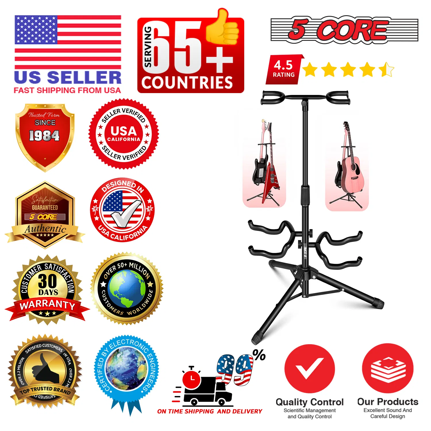 5 Core Guitar Stand Adjustable Double Guitars Stands Floor w Neck Holder Universal Supports for Acoustic Electric Classic Bass Instrument Folding Portable photo 7