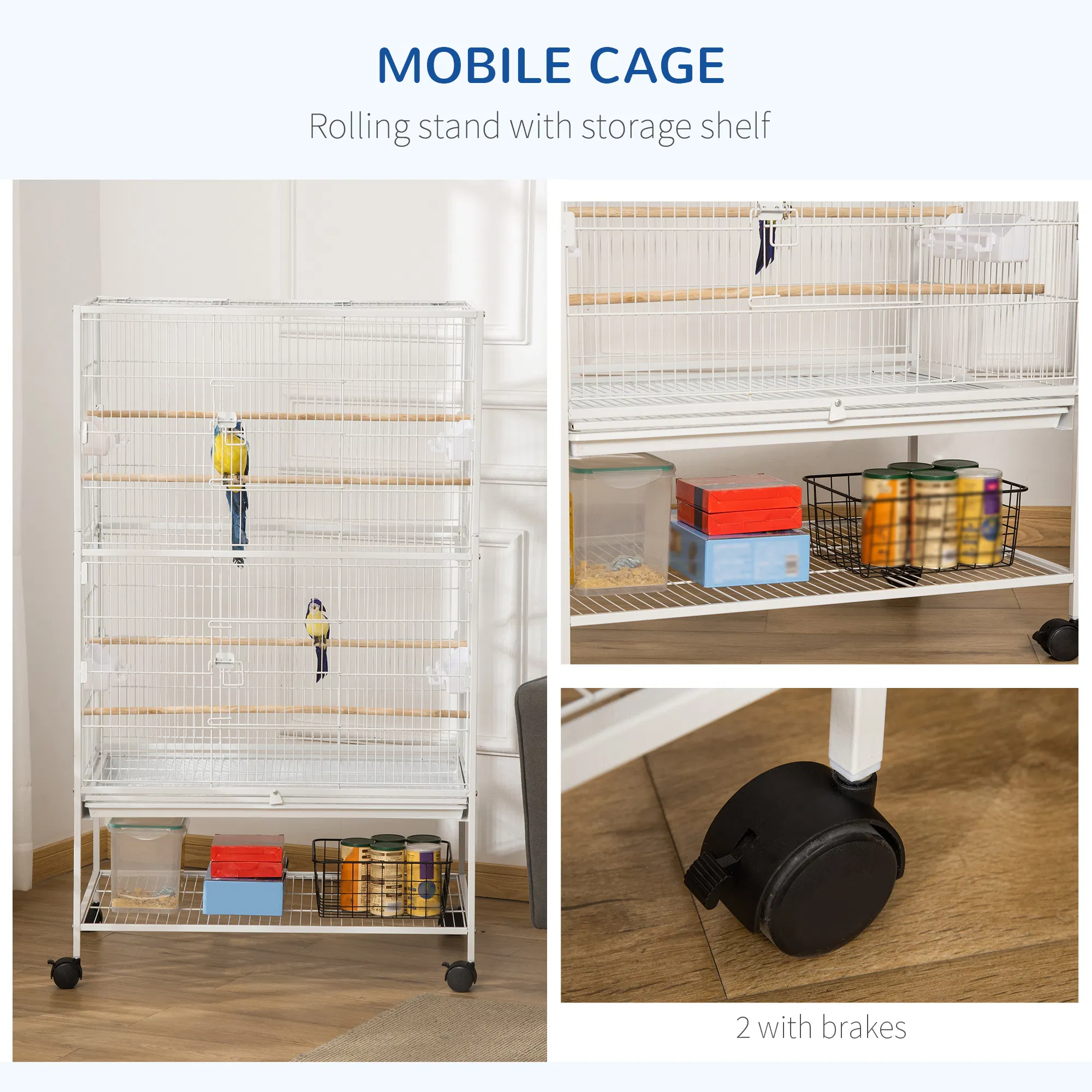 52" Large Rolling Steel Bird Cage Bird House with Rolling Stand, Storage Shelf, Wood Perch, Food Container, White photo 5