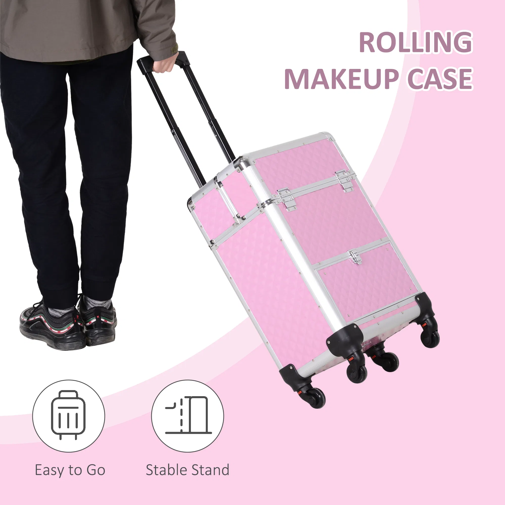 Makeup Train Case Portable Aluminum Rolling Cosmetic Organizer Trolley 4 Wheels Pink Salon Beauty Jewelry Storage photo 3