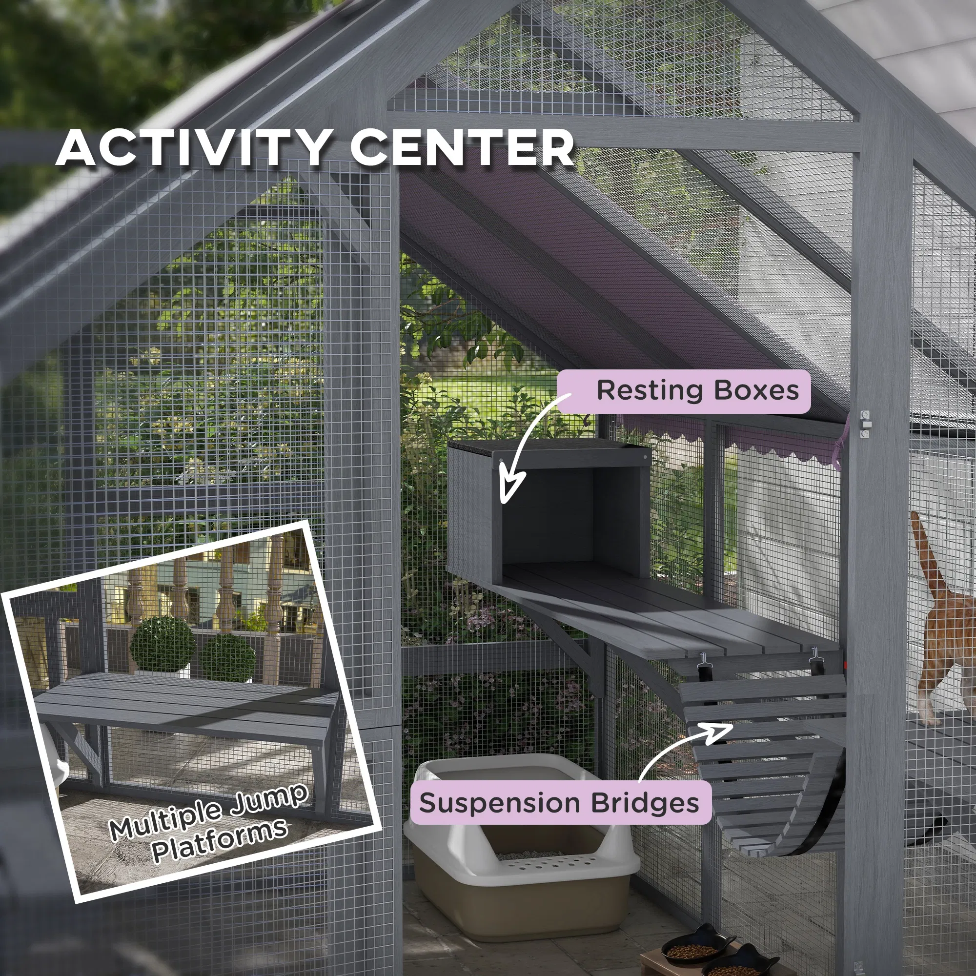 Outdoor Cat Enclosure Wooden Feral Cat House w/ Weatherproof Canopy, Bridges, Resting Boxes, Platforms, for 3-6 Cats photo 2
