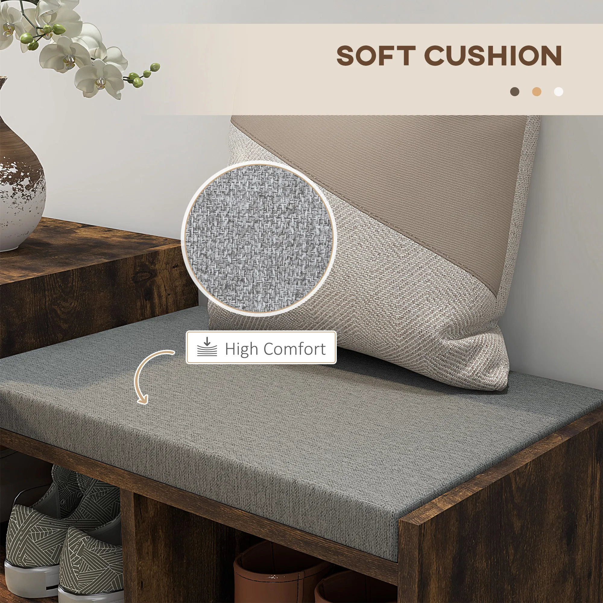 Upholstered Shoe Storage Bench, Hallway Shoe Storage with Seat, Drawer, 3 Open Shelves for Entryway, Rustic Brown photo 2