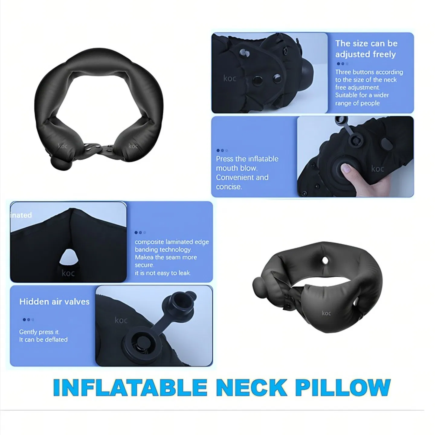 Inflatable neck pillow, adjustable in softness, made of skin-friendly material, providing extremely comfortable neck protection during travel. photo 3