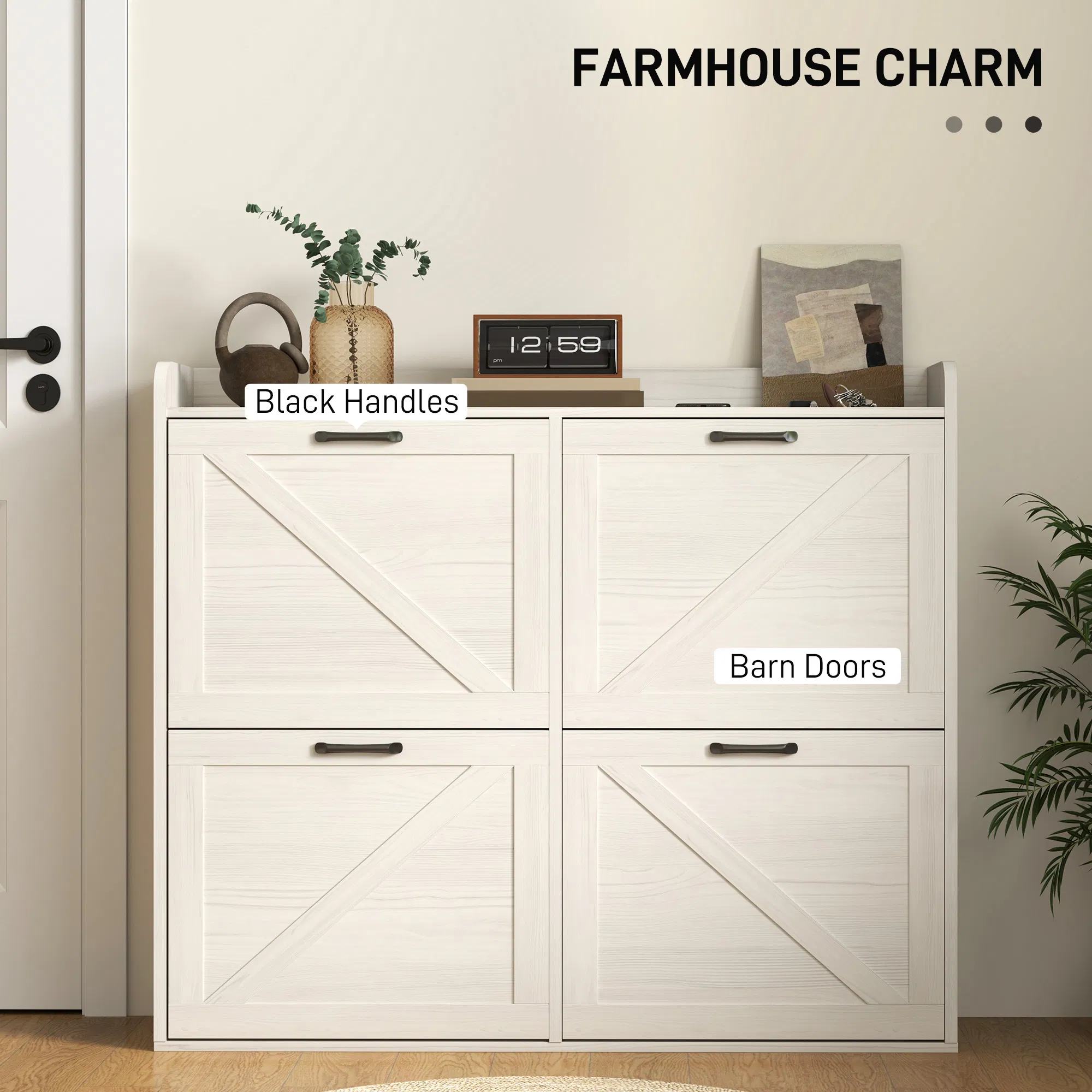 Narrow Shoe Storage Cabinet with 4 Flip Drawers, Adjustable Shelves, 16 Pair Farmhouse Shoe Cabinet, White Oak photo 4