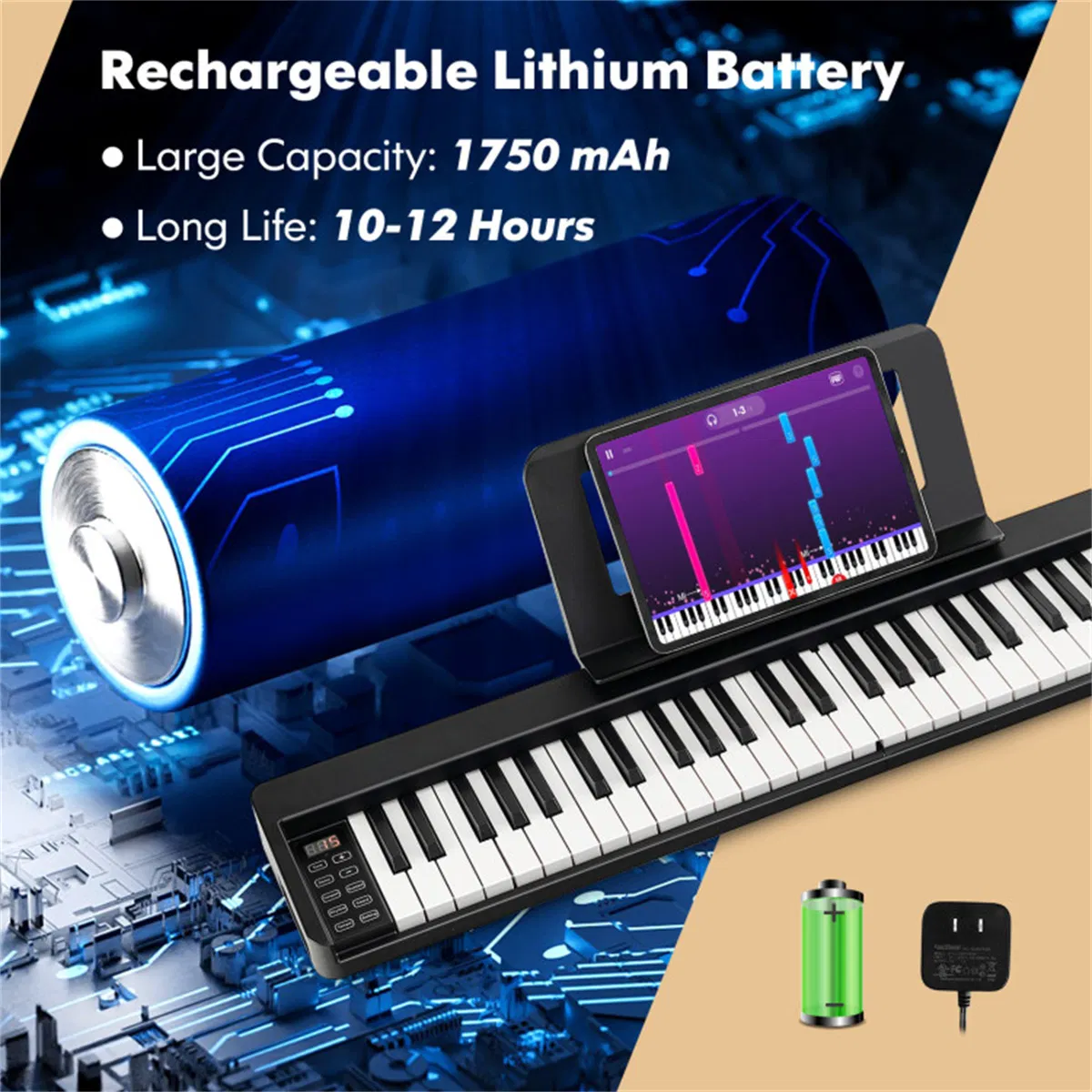 Foldable 61-Key Full-Size Digital Piano, 90.17×17.78×5.08 cm Wireless MIDI Keyboard with 1750mAh Rechargeable Battery, Black photo 4