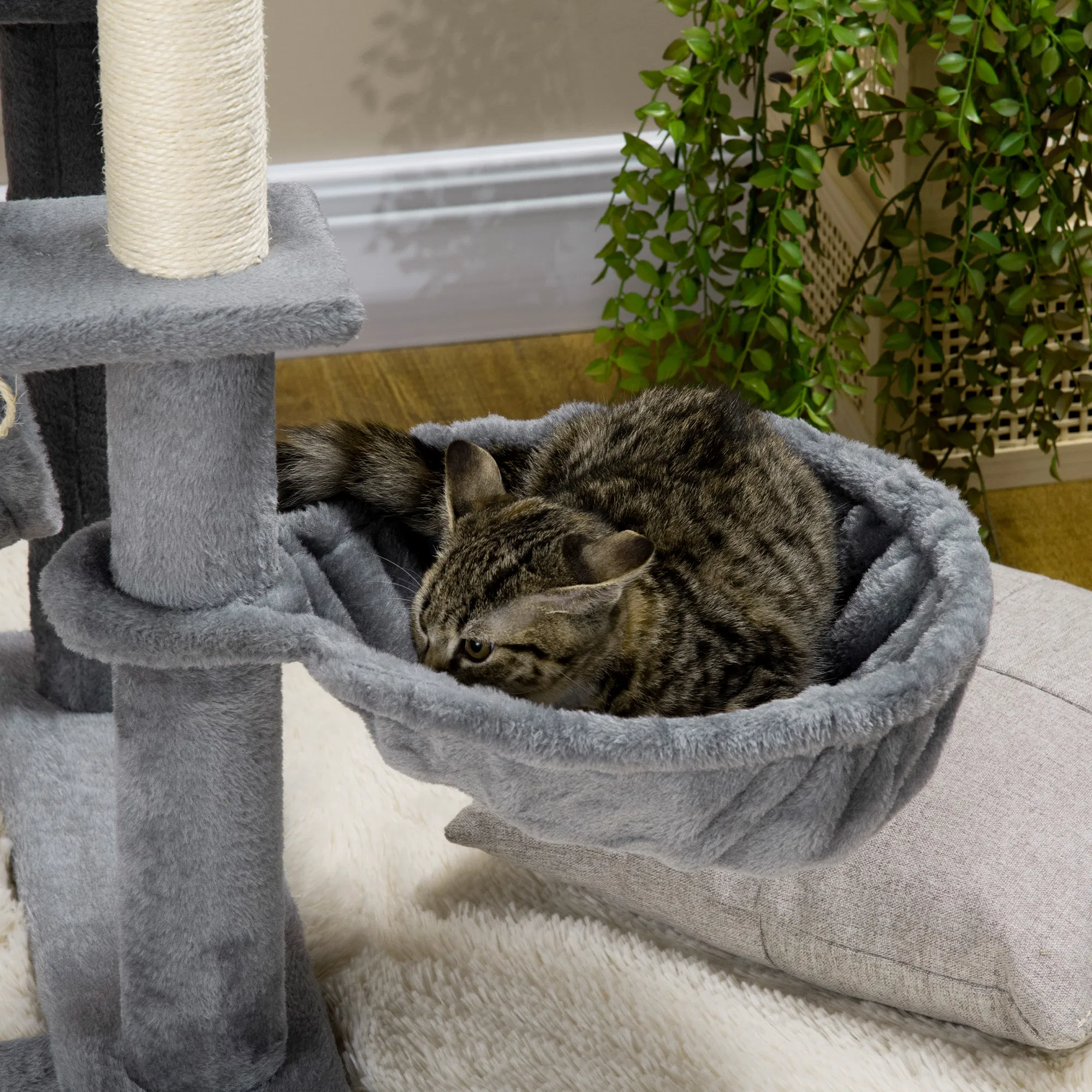 55" Cat Tree for Indoor Cats, Cat Tower, Kitty Activity Center with Cat Bed Ramp Condo Hammocks Hanging Ball Toys Sisal Rope Scratching Post, Grey photo 6