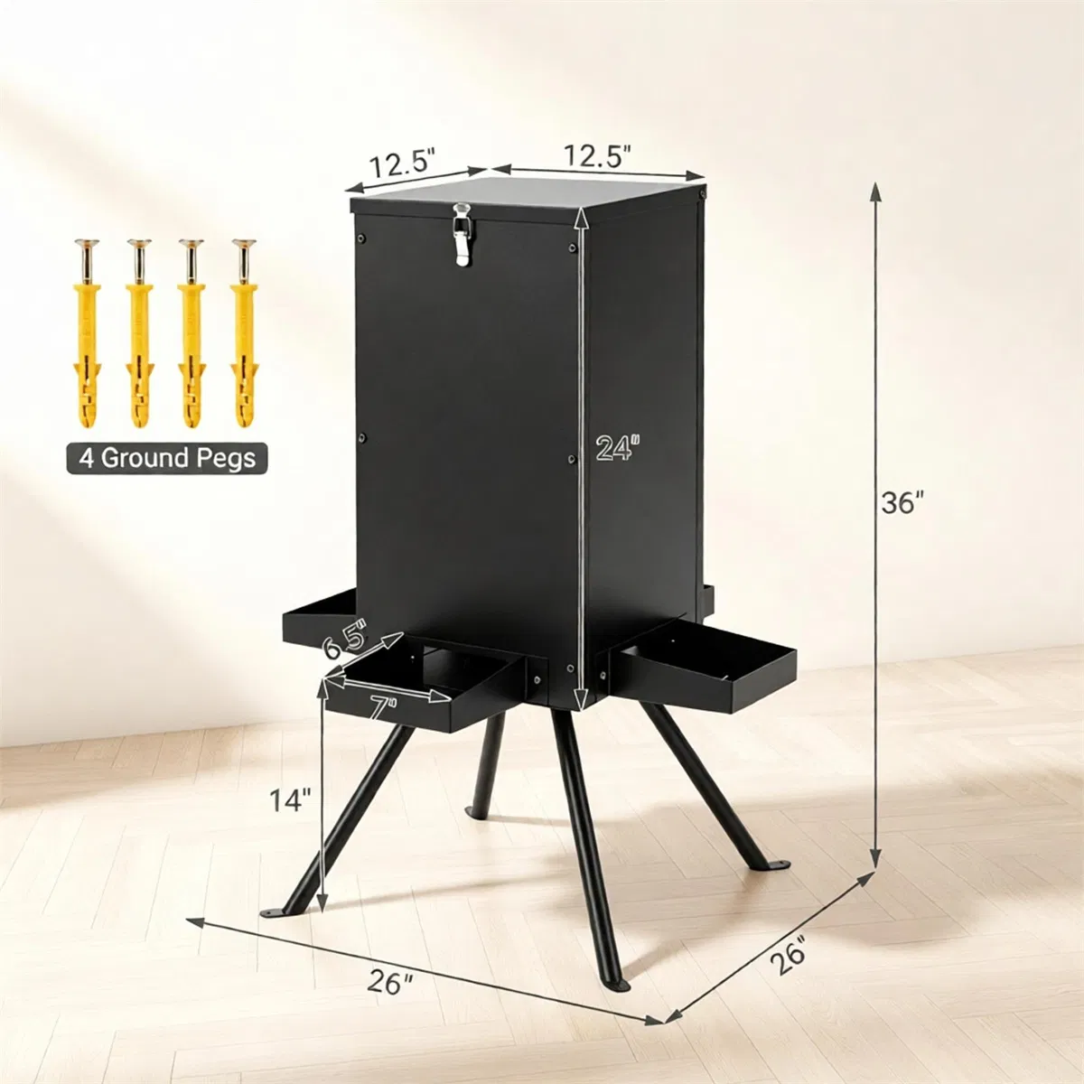 14 Gallon Gravity Deer Feeder 50-90 LBS Capacity Galvanized Coated Steel Wildlife Game Feeder with 4 Feeding Trays Lockable Lid Ground Pegs for Hunting Ranch Backyard Black photo 7