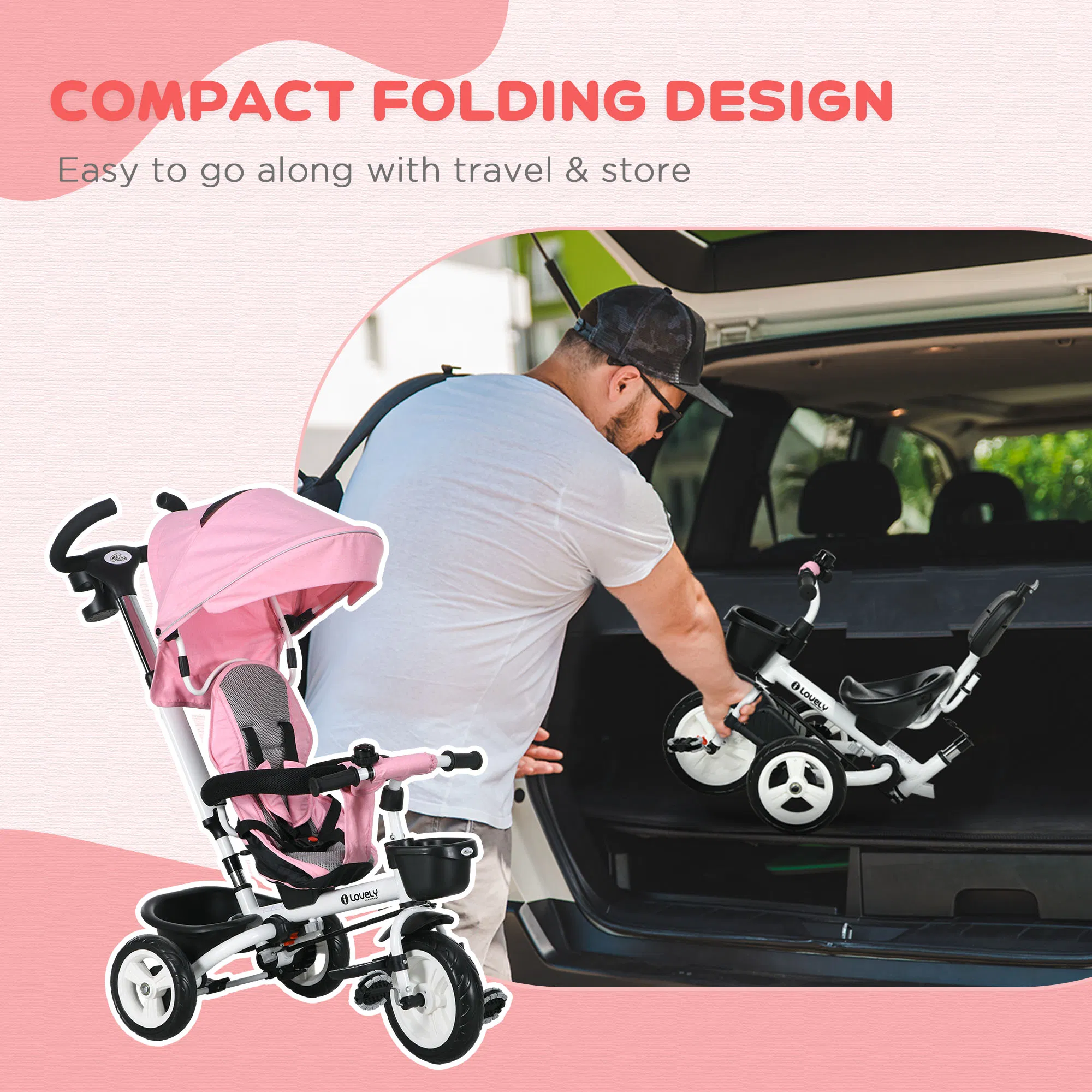 6 in 1 Toddler Tricycle with Parent Push Handle, Canopy, Storage Baskets, Cupholder, Pink photo 4