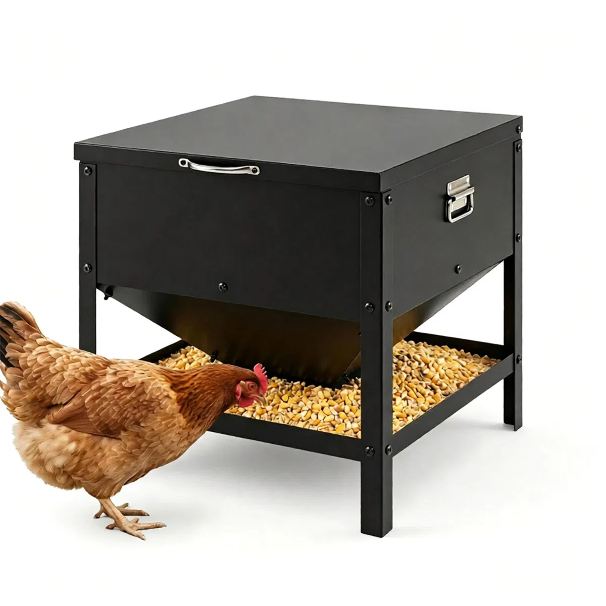 Heavy Duty Stainless Steel Chicken Feed Hopper with Lift Top Cover, Raised Legs Spill-Proof Poultry Feeding Box for Backyard Flock Low Refill Frequency photo 1