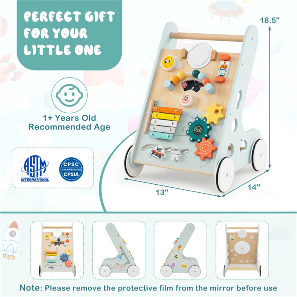 8-in-1 Wooden Baby Walker Push and Pull Learning Activity Center with Wheels for Toddlers 1+ Years Old photo 7