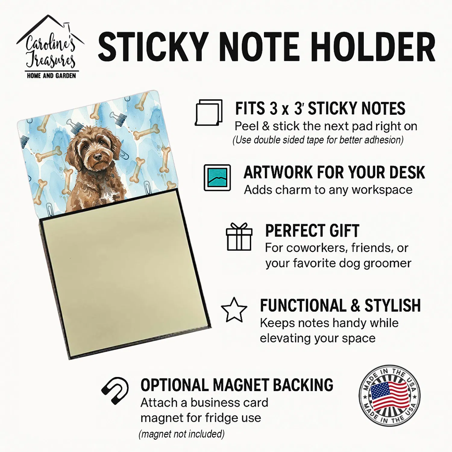 Brown Portuguese Water Dog Coworker Watercolor Sticky Note Holder Refillable Dispenser Desk Accessory 3x3 Pad Gift photo 3