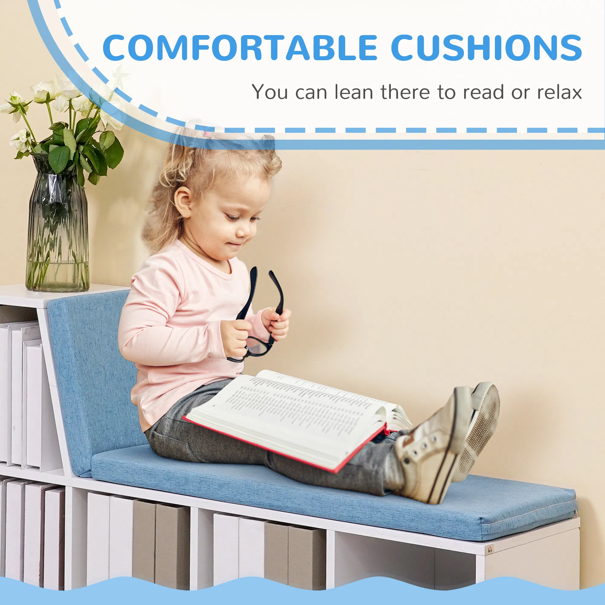 Multi-Purpose Bookshelf with 5 Cubes, 5-Cubby Bookcase with Cushioned Reading Nook and Storage Shelves, Blue photo 2