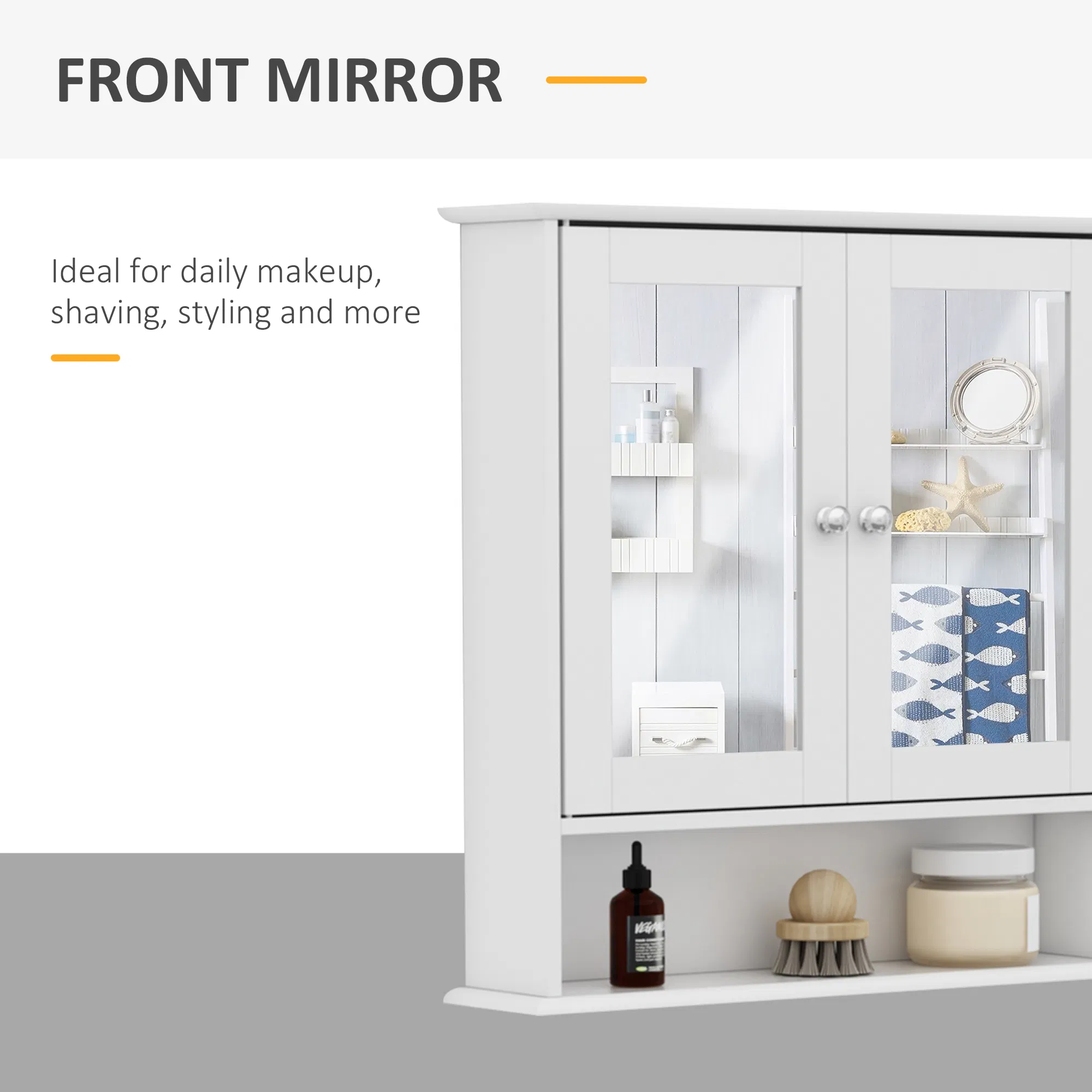 Medicine Cabinet, Wall-Mounted Bathroom Mirror Cabinet with Double Doors, Open Shelf, and Adjustable Shelf, Modern Bathroom Wall Cabinet, White photo 5