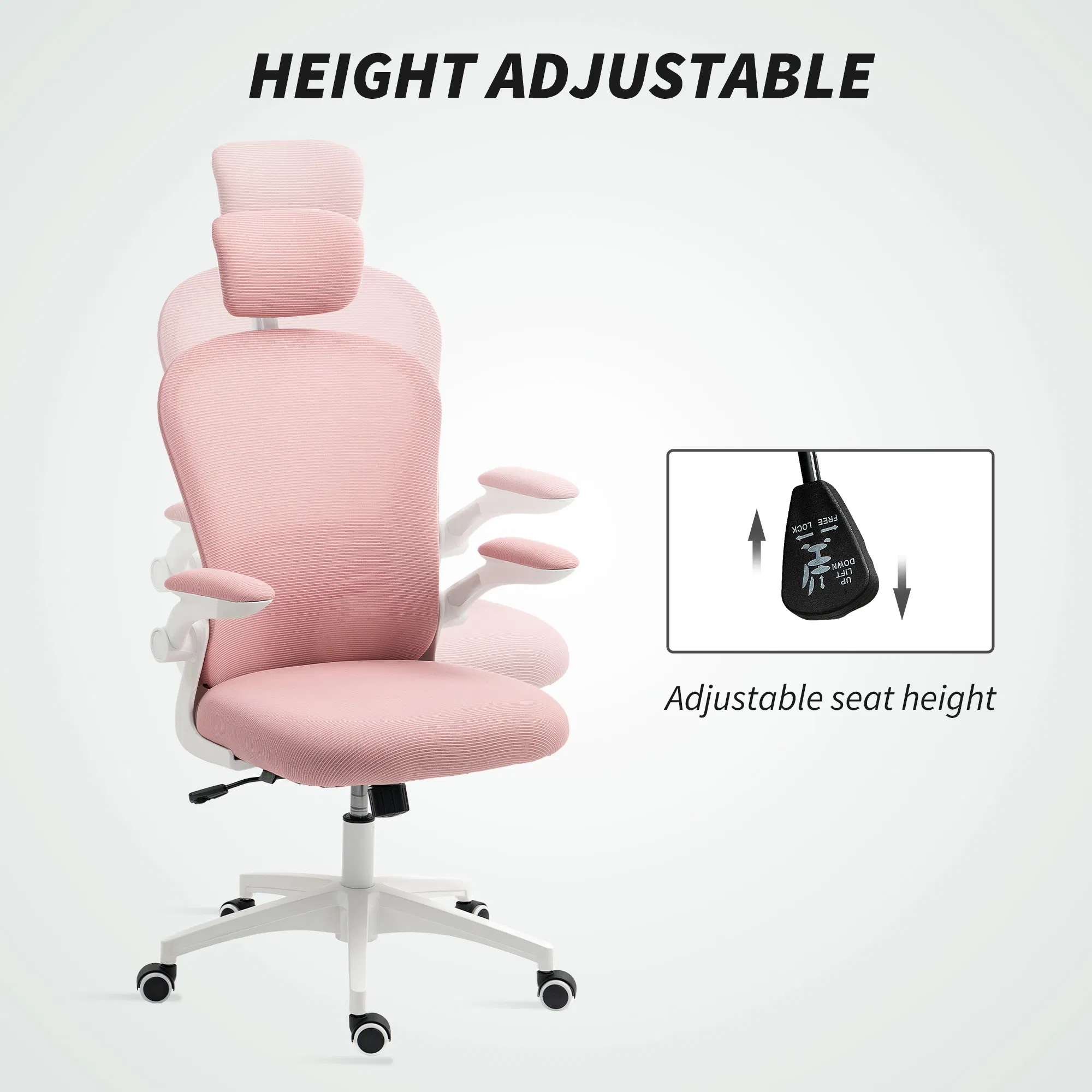 Office Chair, Mesh Computer Desk Chair with Adjustable Headrest, 4D Lumbar Support, Flip-up Arm, Pink photo 2