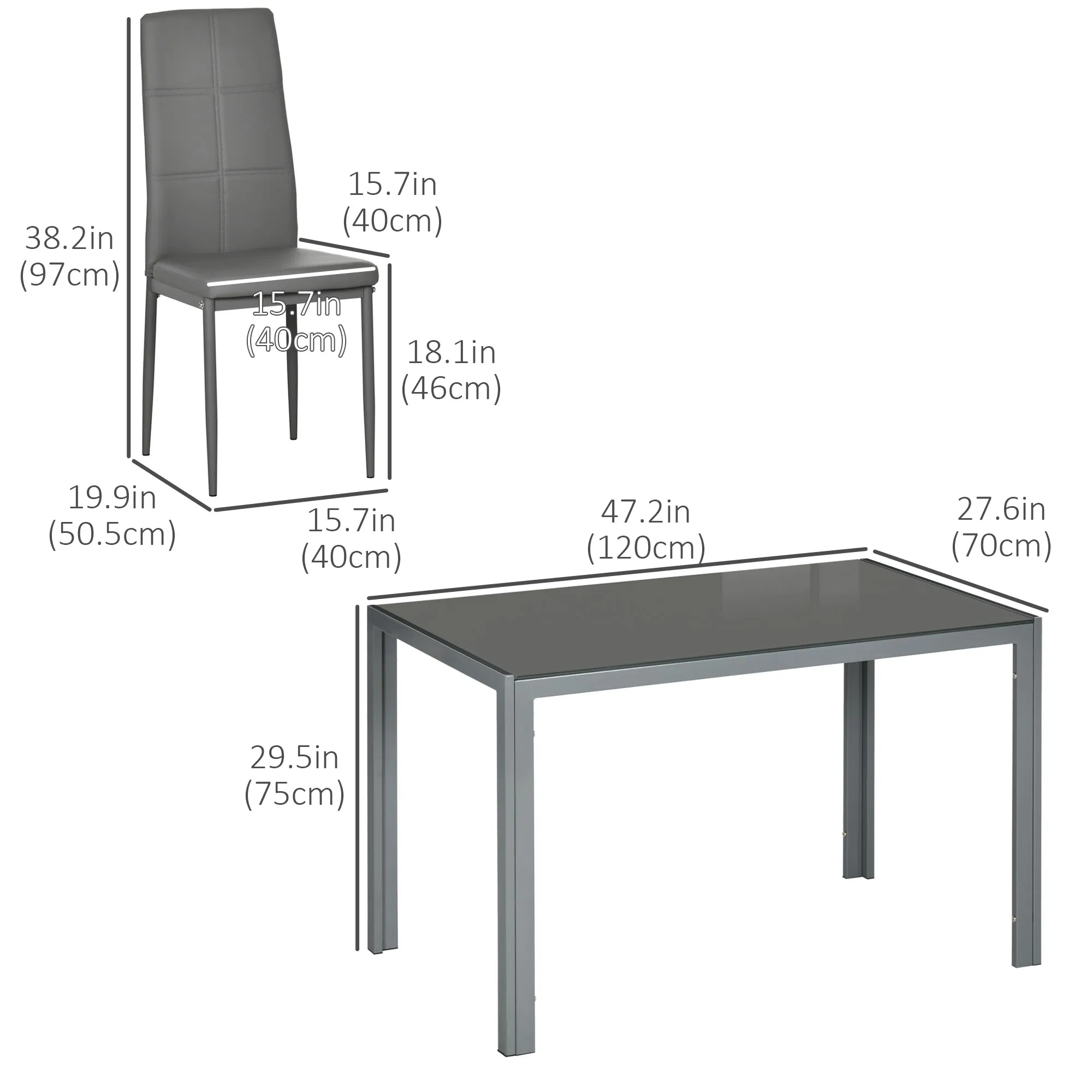 3-Piece Rectangular Glass Kitchen Table and Chairs with Metal Frame and Faux Leather Upholstery for Dining Room, Grey photo 4