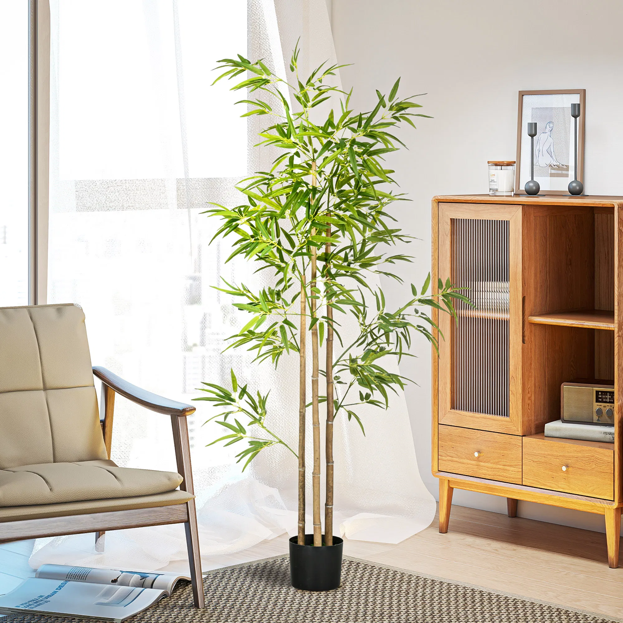 Set of 2 6ft Artificial Tree, Indoor Fake Bamboo with Pot, for Home Office Living Room Decor photo 2