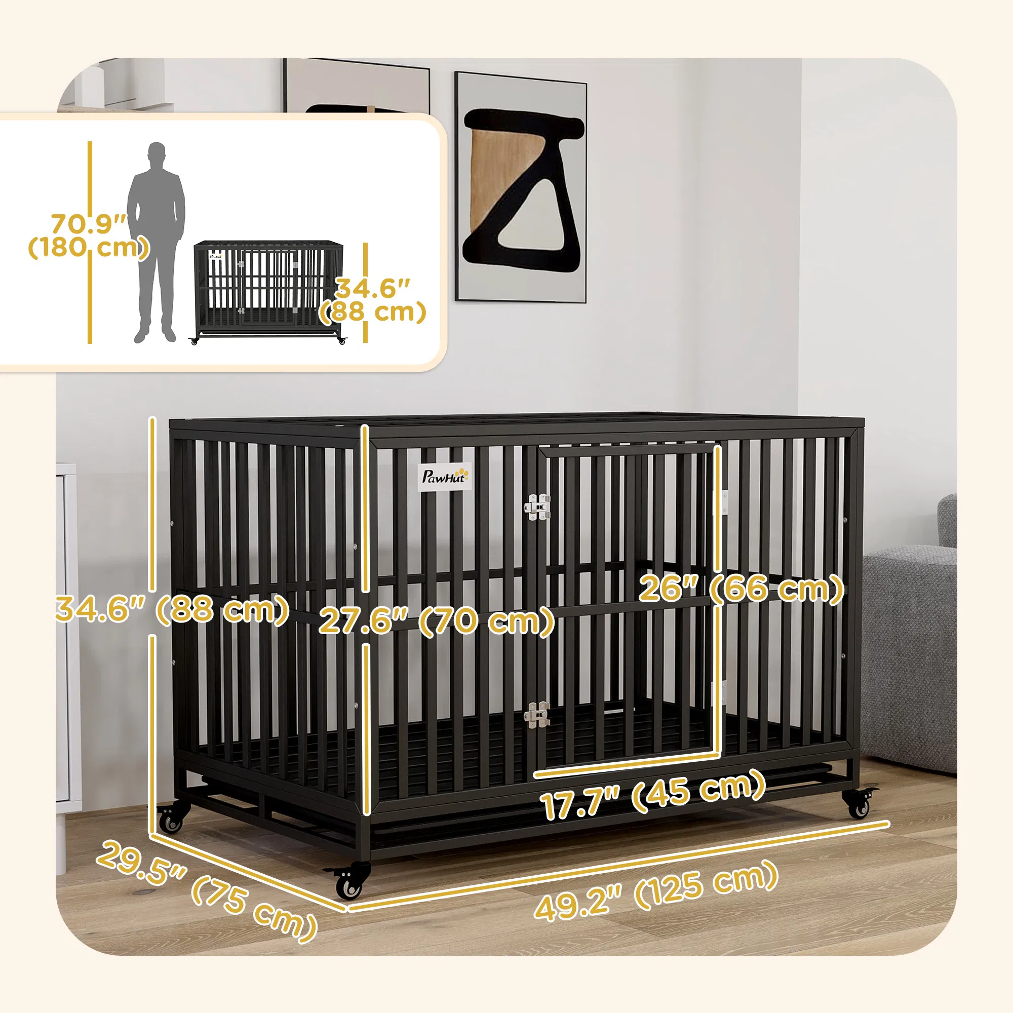 49" Heavy Duty Steel Dog Crate Kennel Pet Cage with Wheels for Convenient Access Anti-Pinching Floor, Black photo 6