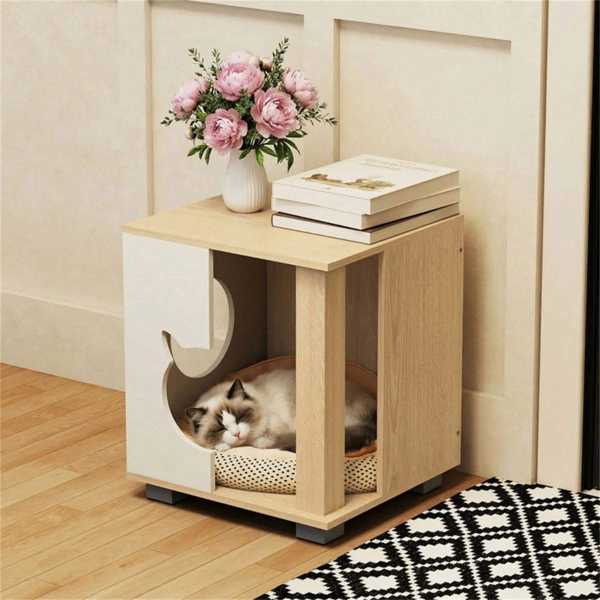 Multipurpose Wooden Cat House Nightstand, Sturdy Metal Base Anti-Slip Pet Furniture photo 2