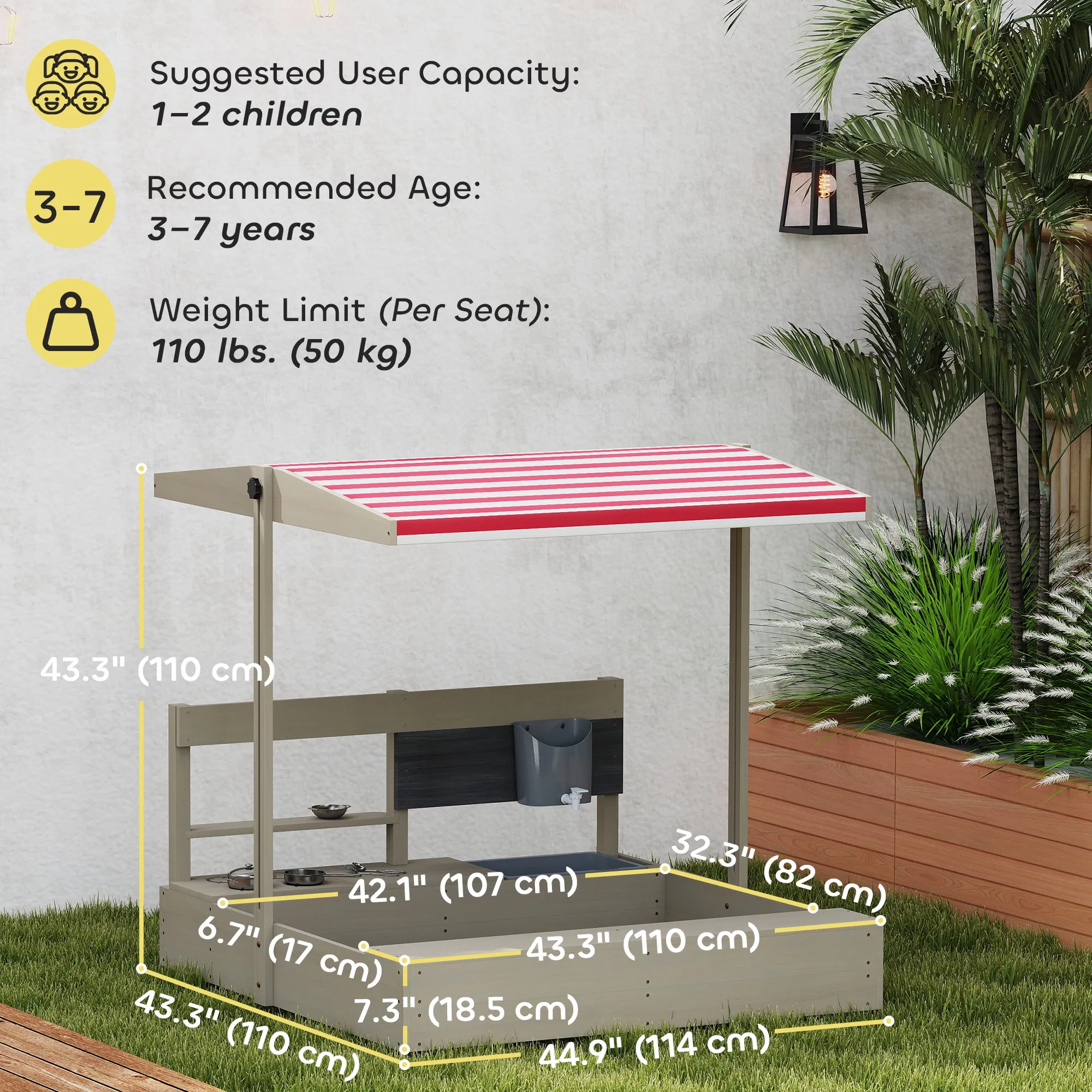 Kids Sandbox with Cover Kitchen Playset Toys, Wooden Sand Box with Seat, Storage, for 3-7 Years Old, Grey photo 4