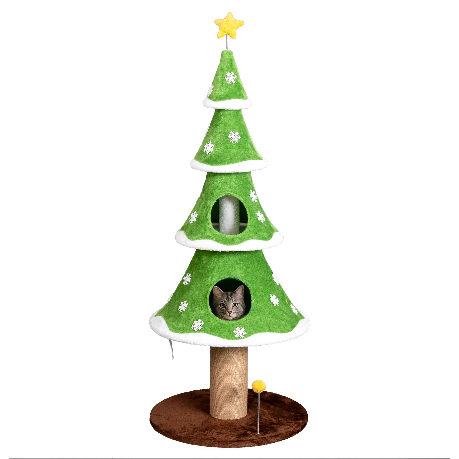 59in Large Tall Christmas Tree Cat Tower with 2 Cat Condos & Scratching Post, Soft Fleece Cat Tree with Teaser Toy & Sturdy Base & Built-in Openings for Indoor Cats, Green & White photo 6