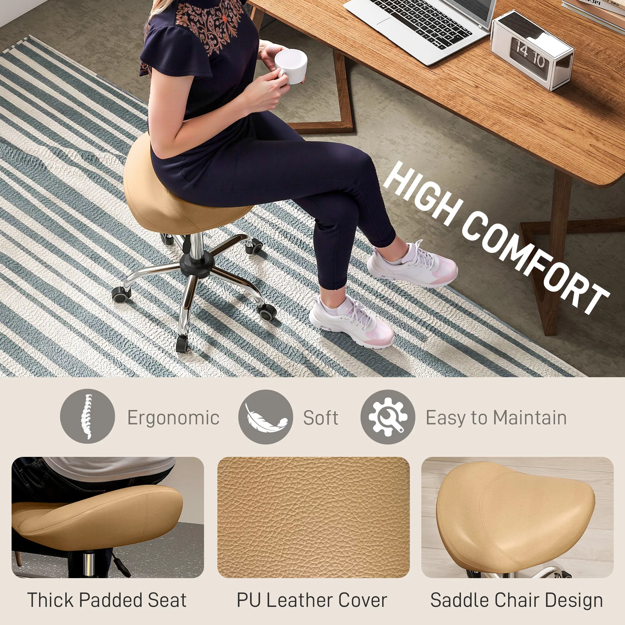 Saddle Stool, Height Adjustable Rolling Salon Chair with PU Leather for Massage, Spa, Clinic, Beauty and Tattoo, Brown photo 2