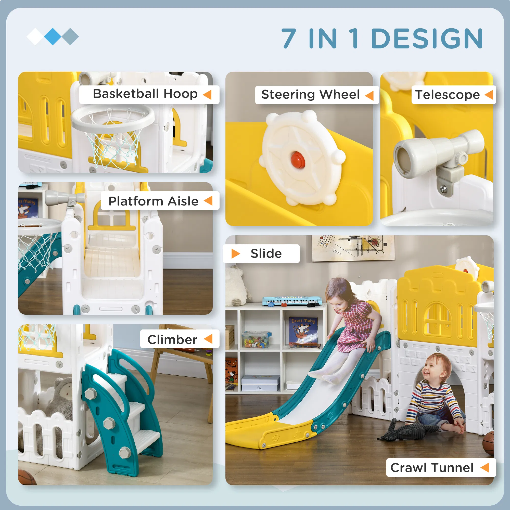 7 in 1 Toddler Slide with Basketball Hoop, Climber, Telescope, Tunnel, Steering Wheel, for 1-3 Years, Yellow photo 3