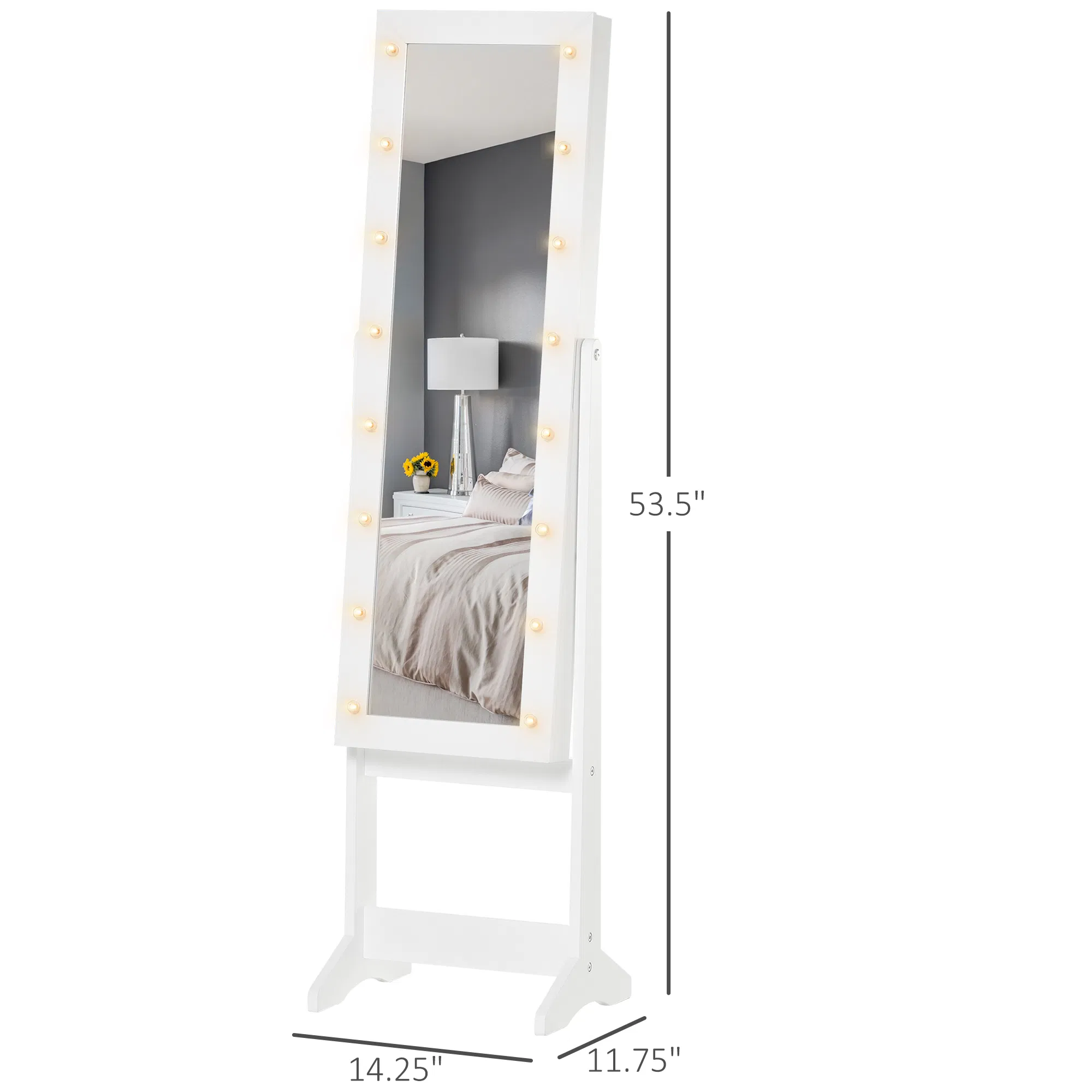 Lighted Jewelry Cabinet Mirrored Armoire Organizer Free Standing Storage for Necklaces Bracelets Rings Earrings Adjustable photo 6