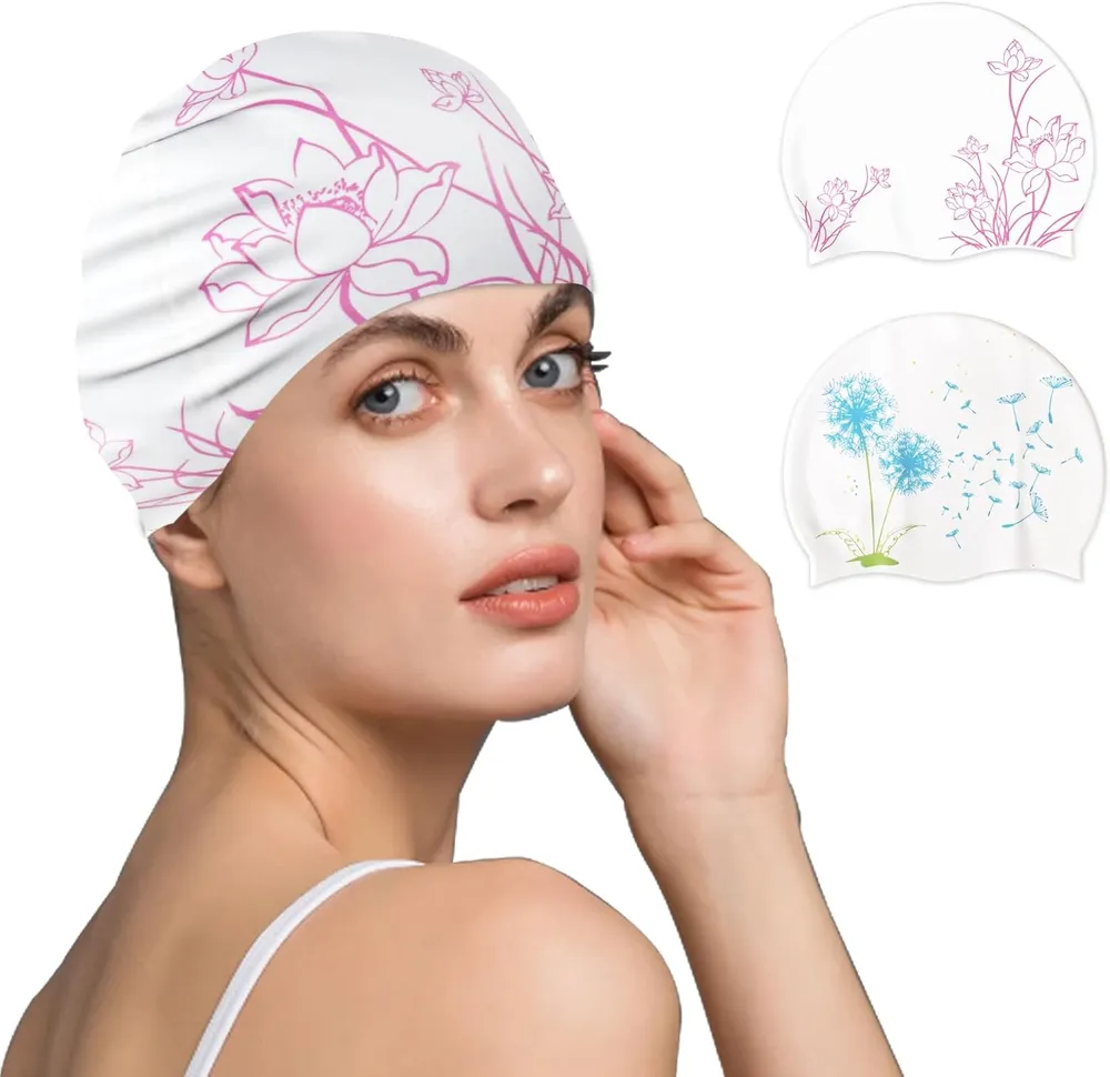 2pcs Adult Swim Caps for Women, Silicone Waterproof Swimming Caps - Fits Long/Short Hair, Anti-Slip Large Swim Cap Men Comfy Bathing Caps for Women Swimming photo 6