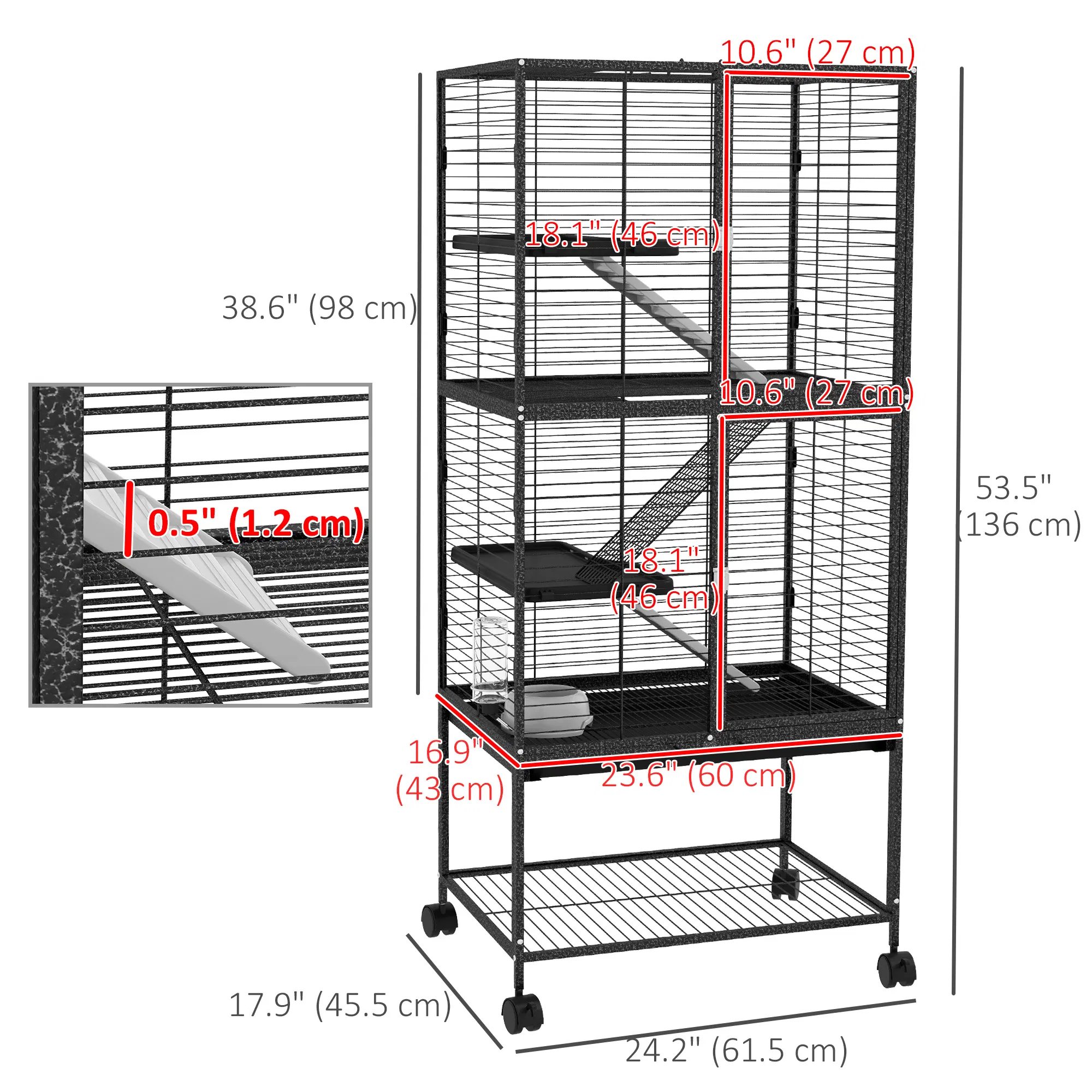 Rolling Small Animal Cage 53.5"H Chinchilla Cage for Ferrets, Squirrels w/ Removable Tray, Storage Shelf, Dark Grey photo 2