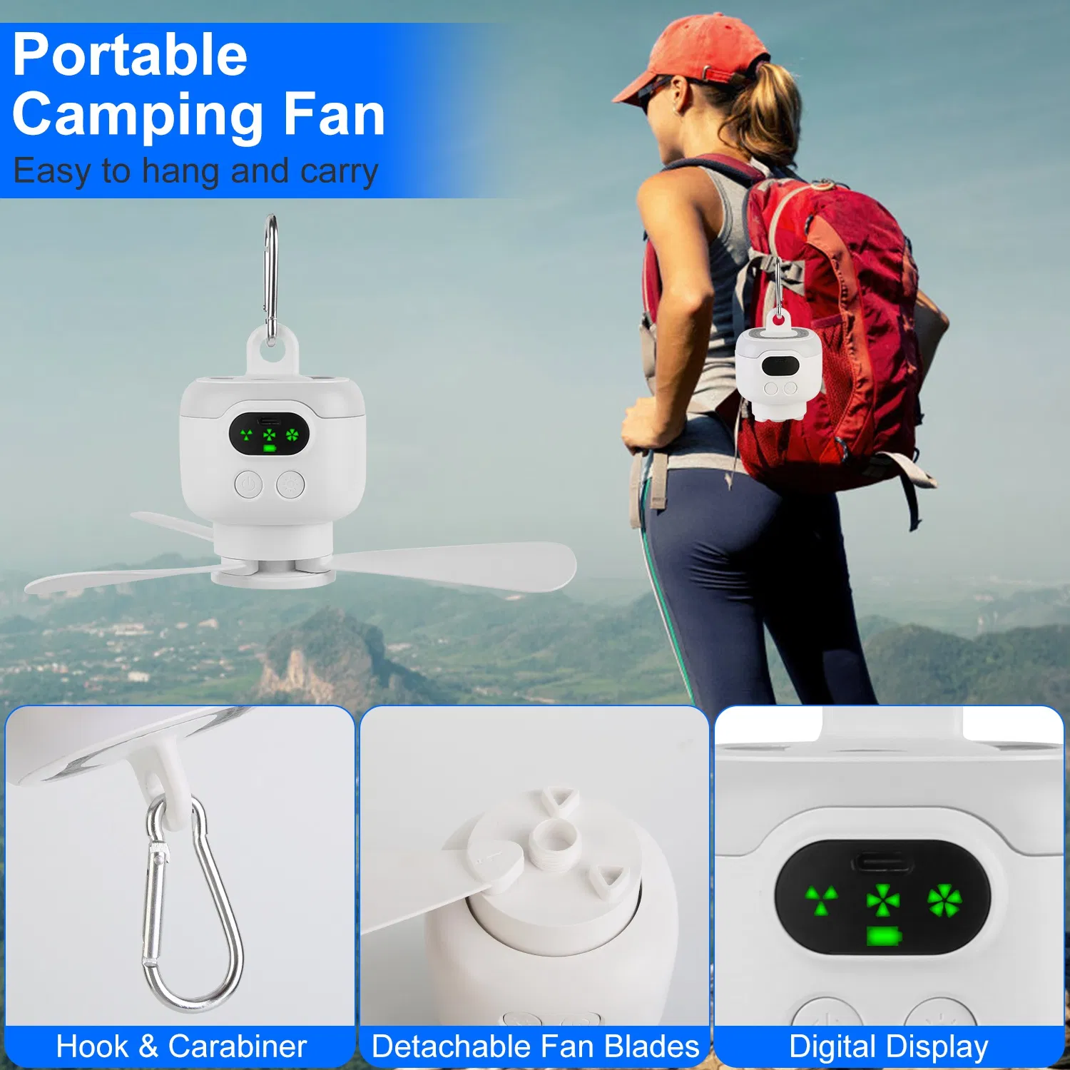 2 In 1 Portable Camping Fan with LED Lantern 8000mAh Battery Powered Tent Fan with Carabiner Digital Display 4 Speeds 4 Timer Settings for Camping Canopy Tents RV photo 2