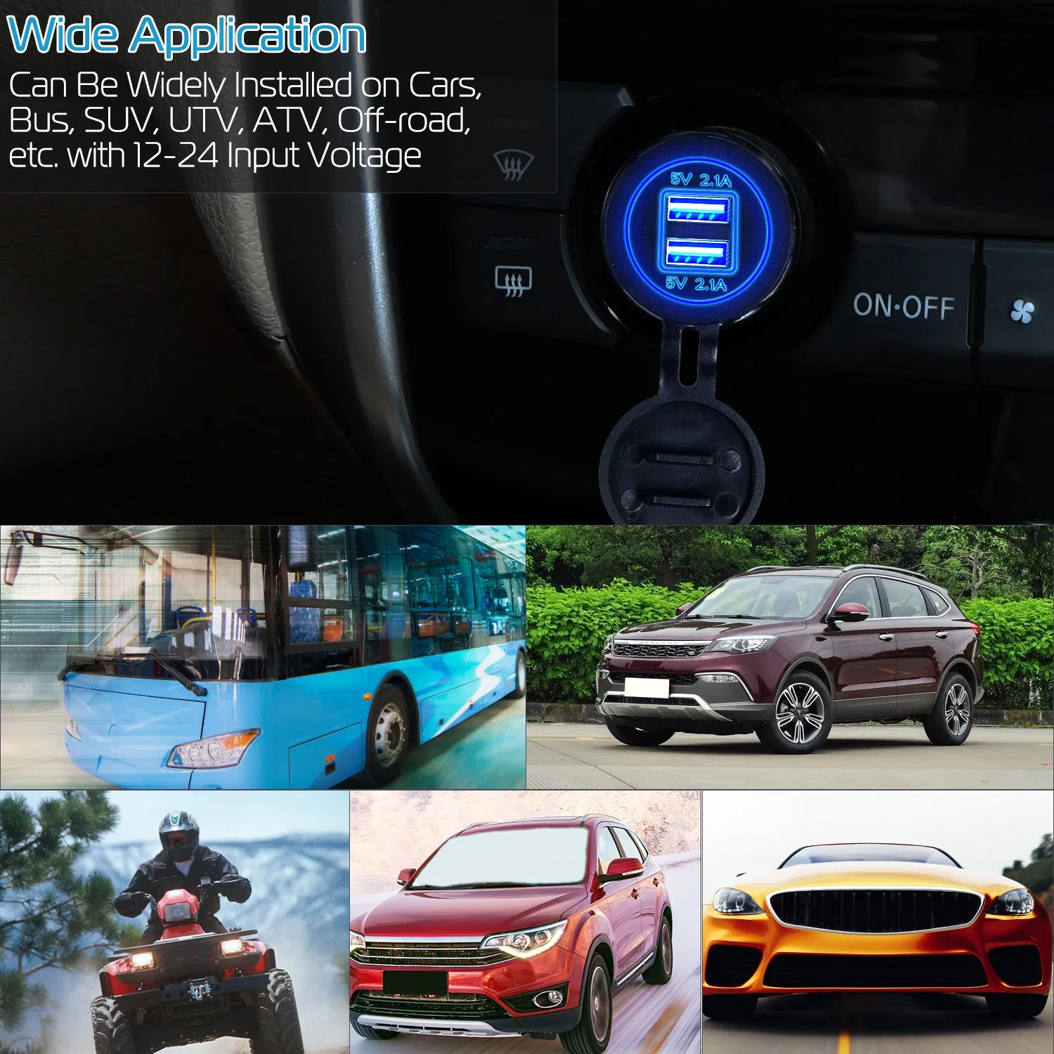 1Pc 2 USB Charger 12V 24V Car Cigarette Lighter Socket Splitter Dual USB 2.1A Outlet Car Charger IP65 waterproof for Car Boat Marine Mobile photo 7
