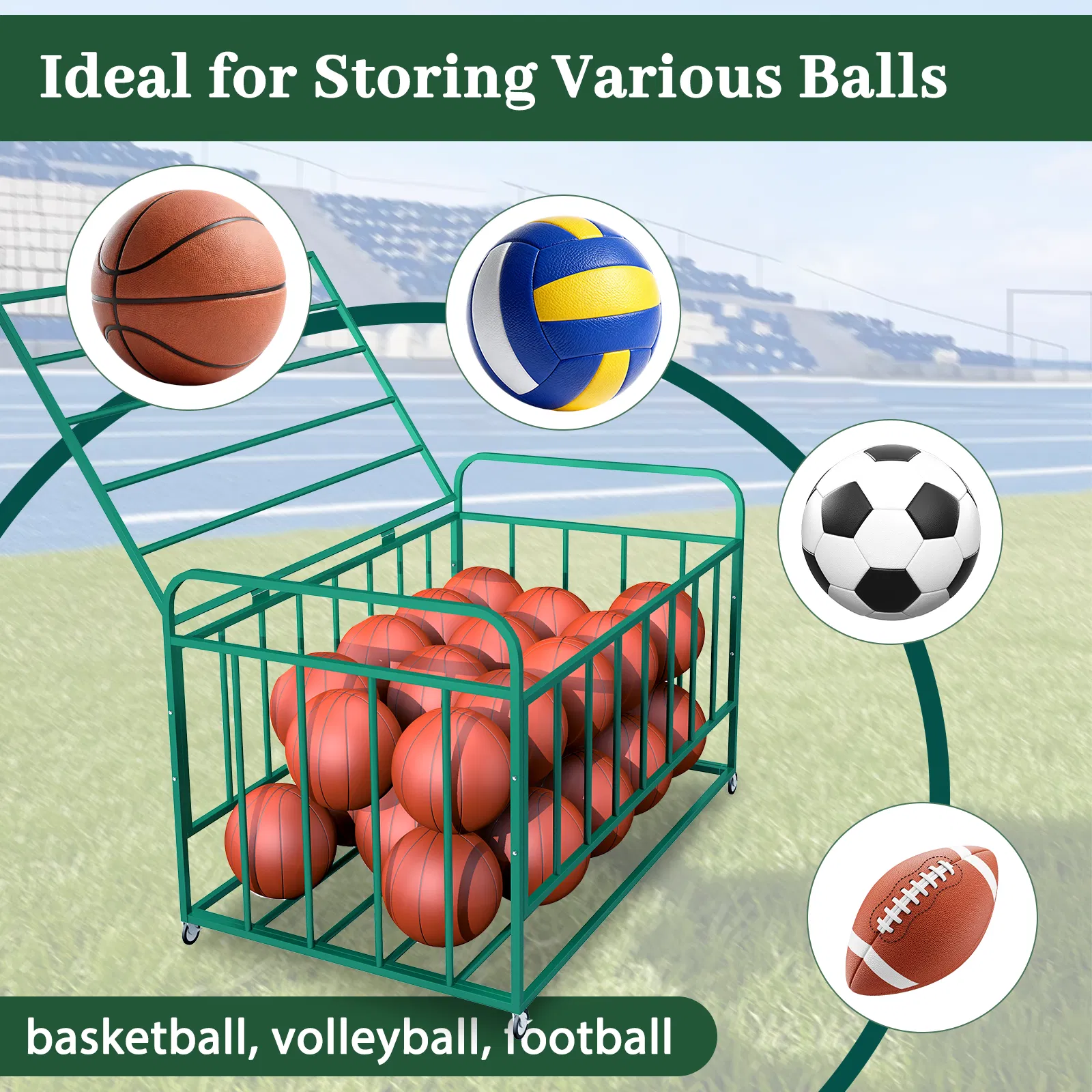 Ball Storage Cart, Basketball or Volleyball Storage Bin with Wheels, Basketball Holder Cage for Indoor and Outdoor, Gym, School, Club photo 4