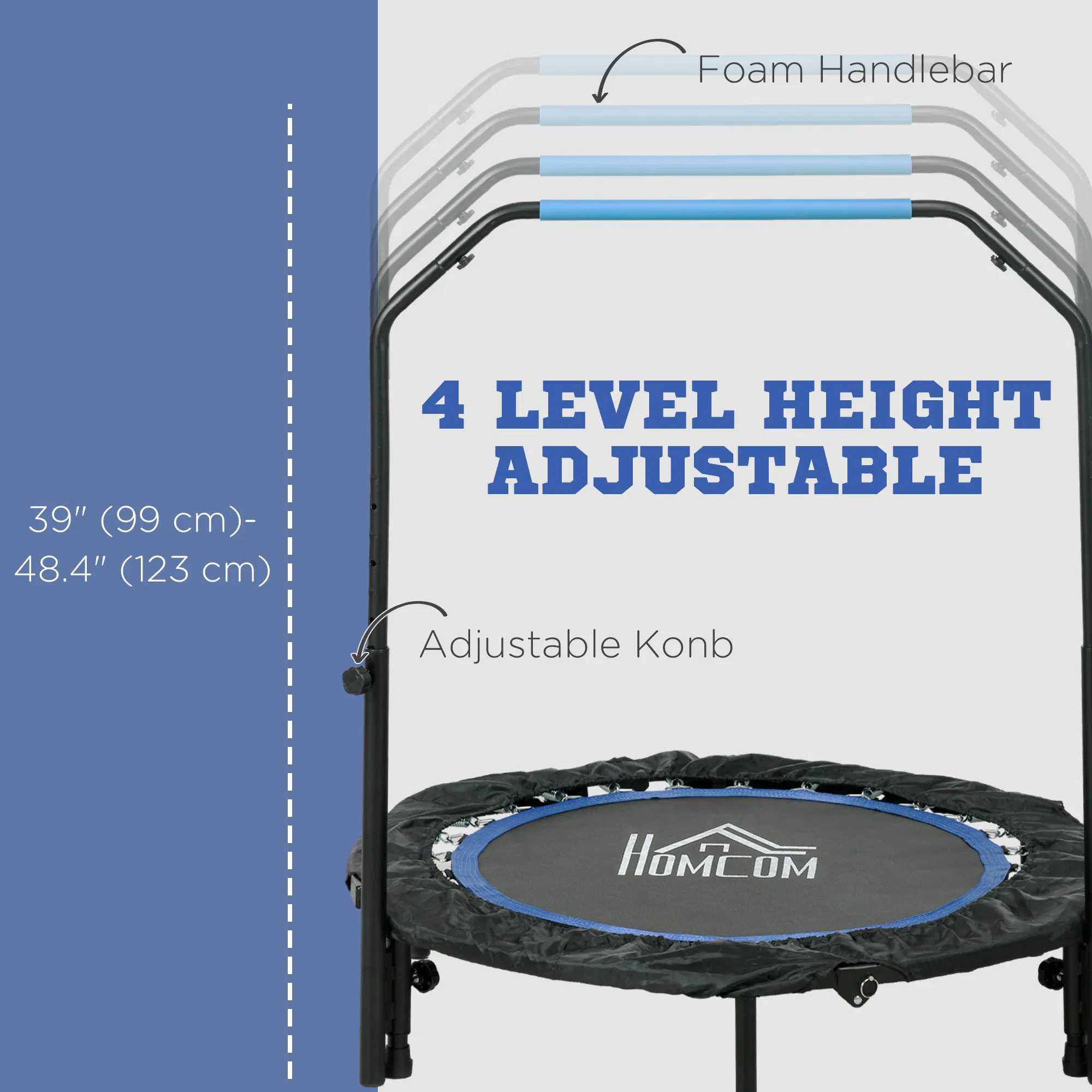 40" Foldable Mini Fitness Trampoline, with Adjustable Foam Handle, Blue photo 6