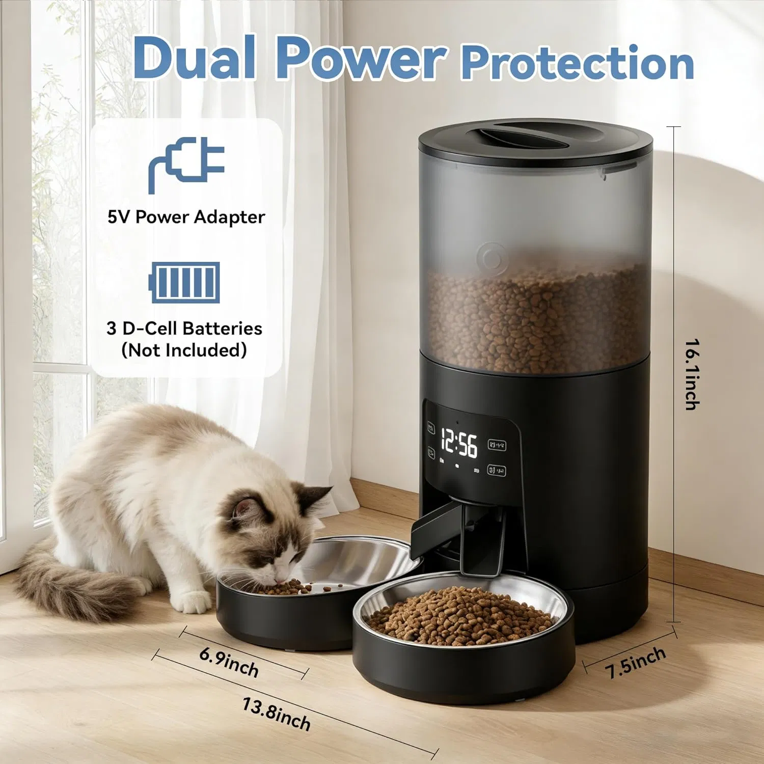 6L Automatic Cat Feeder for 2 Cats, Timed Cat Food Dispenser with 2 Stainless Bowls, 10s Voice Recorder, Dual Power Supply, 6 Meals 50 Portions Per Day, Dual Pet Feeder for Cat and Dog photo 2