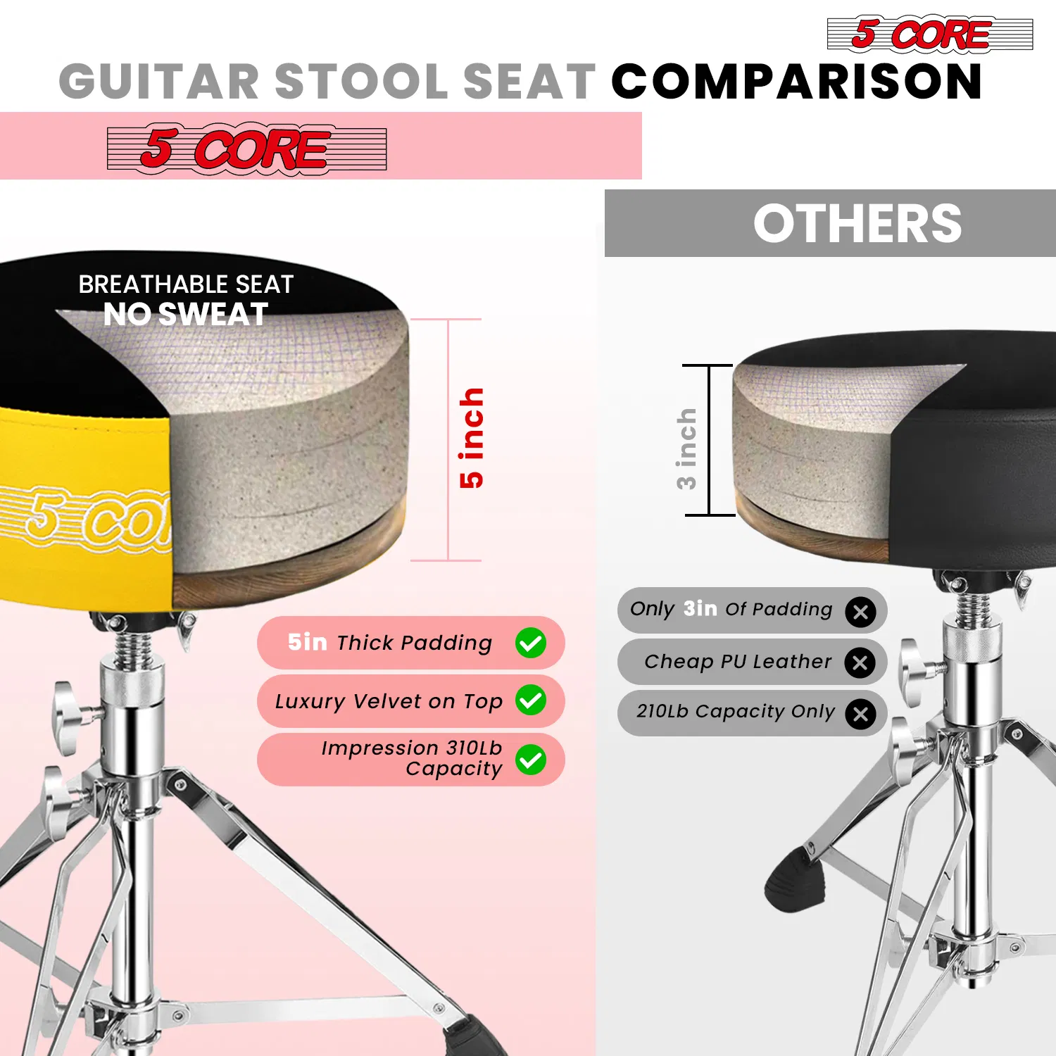 5 CORE Drum Throne Padded Guitar Stool Height Adjustable Heavy Duty Music Chair Seat Universal for Adults & Kids with Anti Slip Rubber Feet - DS CH BLK VEL HD photo 5