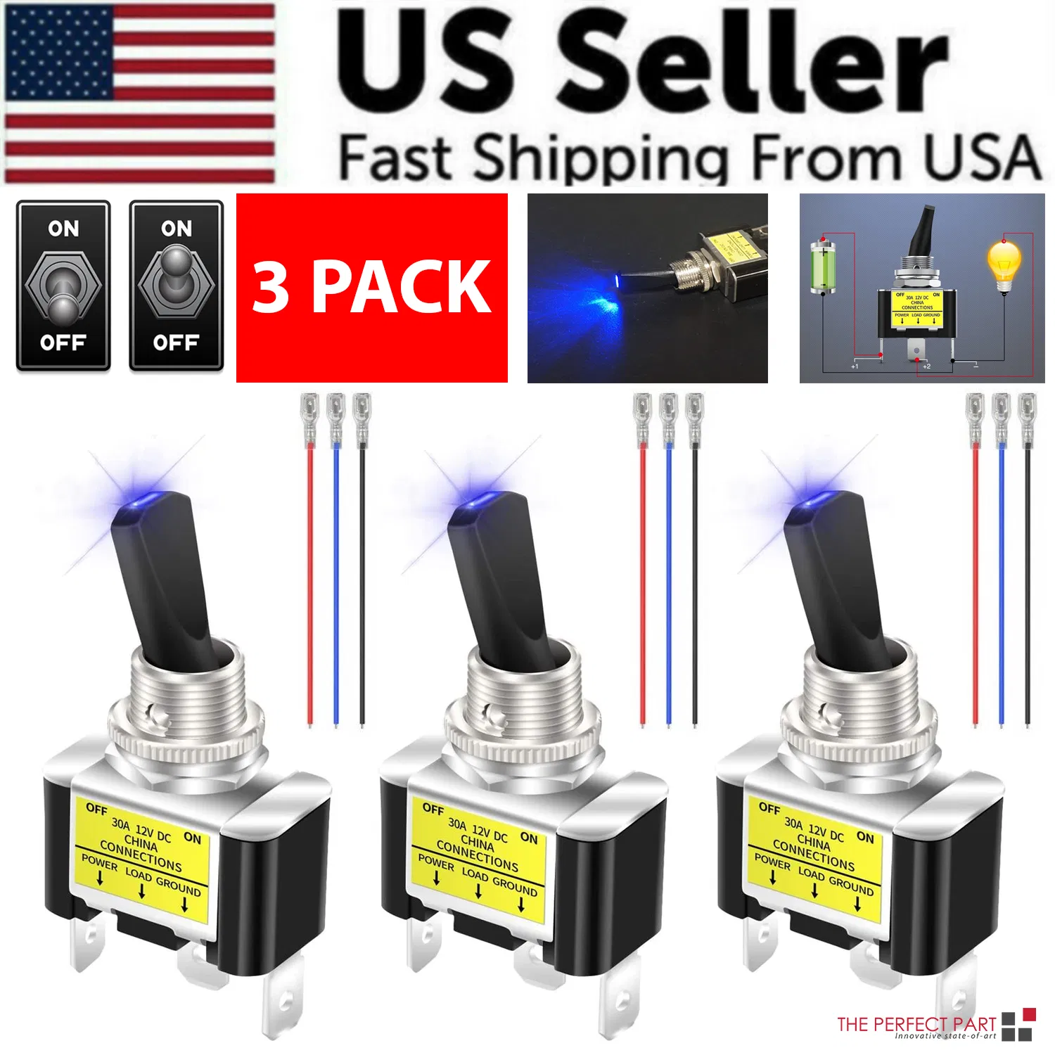 3Pcs 12V 30A Blue LED Light Toggle Rocker ON/OFF Switch 3Pin Marine Car Boat ATV photo 1