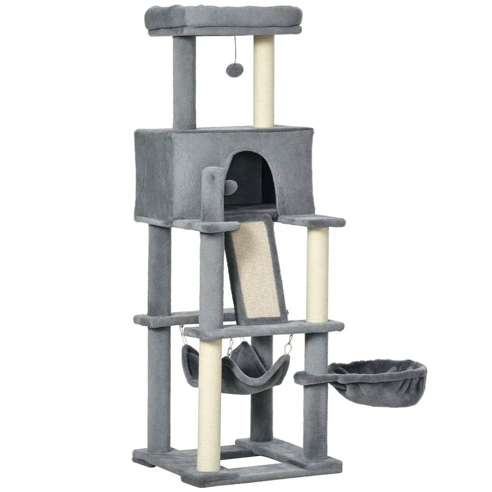 55" Cat Tree for Indoor Cats, Cat Tower, Kitty Activity Center with Cat Bed Ramp Condo Hammocks Hanging Ball Toys Sisal Rope Scratching Post, Grey photo 7