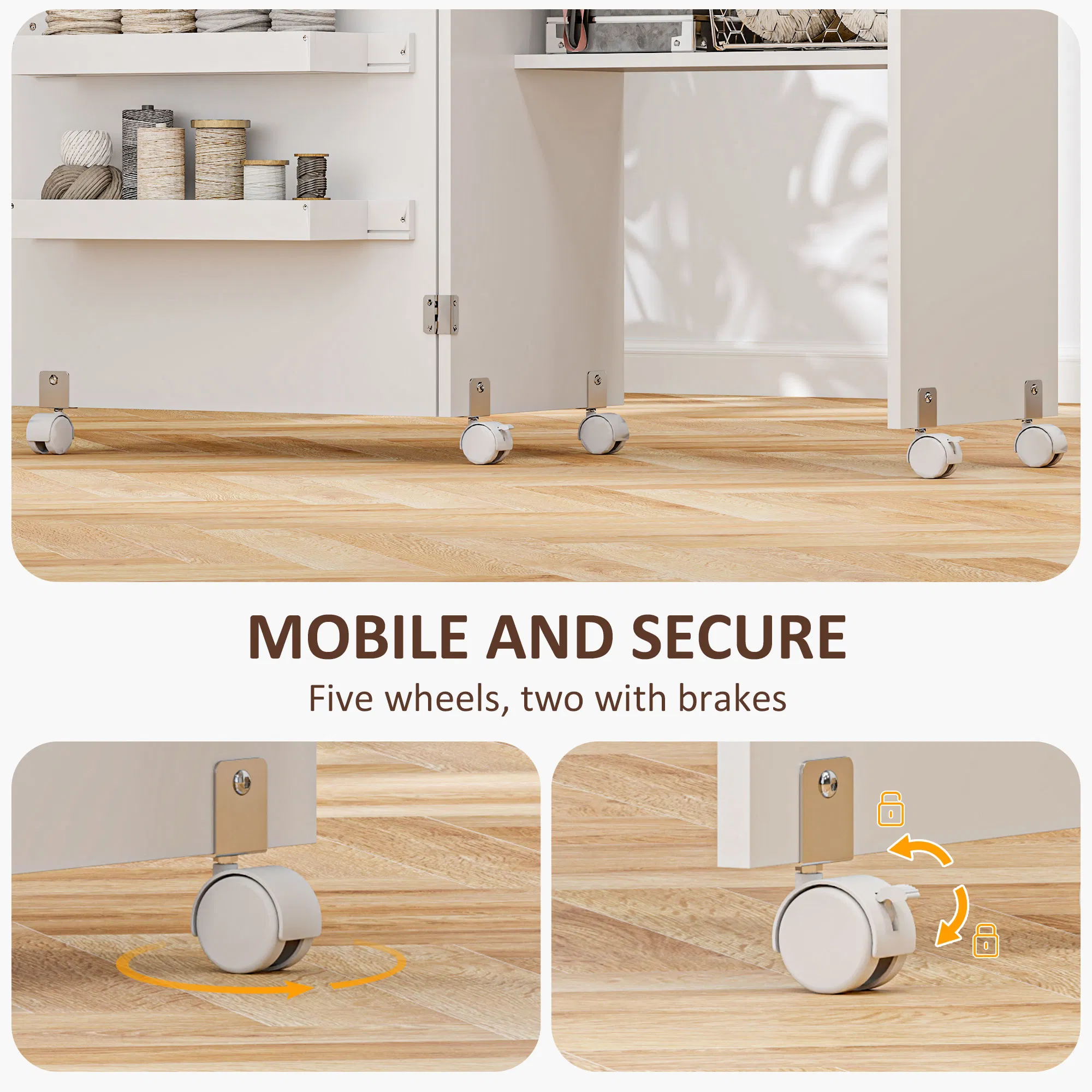 Sewing Machine Cabinet, Folding Sewing Table with Storage Shelf, Bins and Lockable Wheels for Small Space, White photo 3